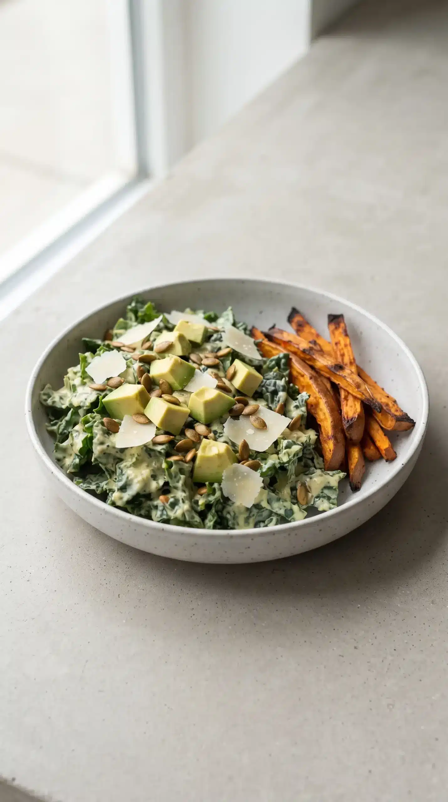 Finished avocado kale Caesar salad with avocado, Parmesan, pepitas, and sweet potato fries