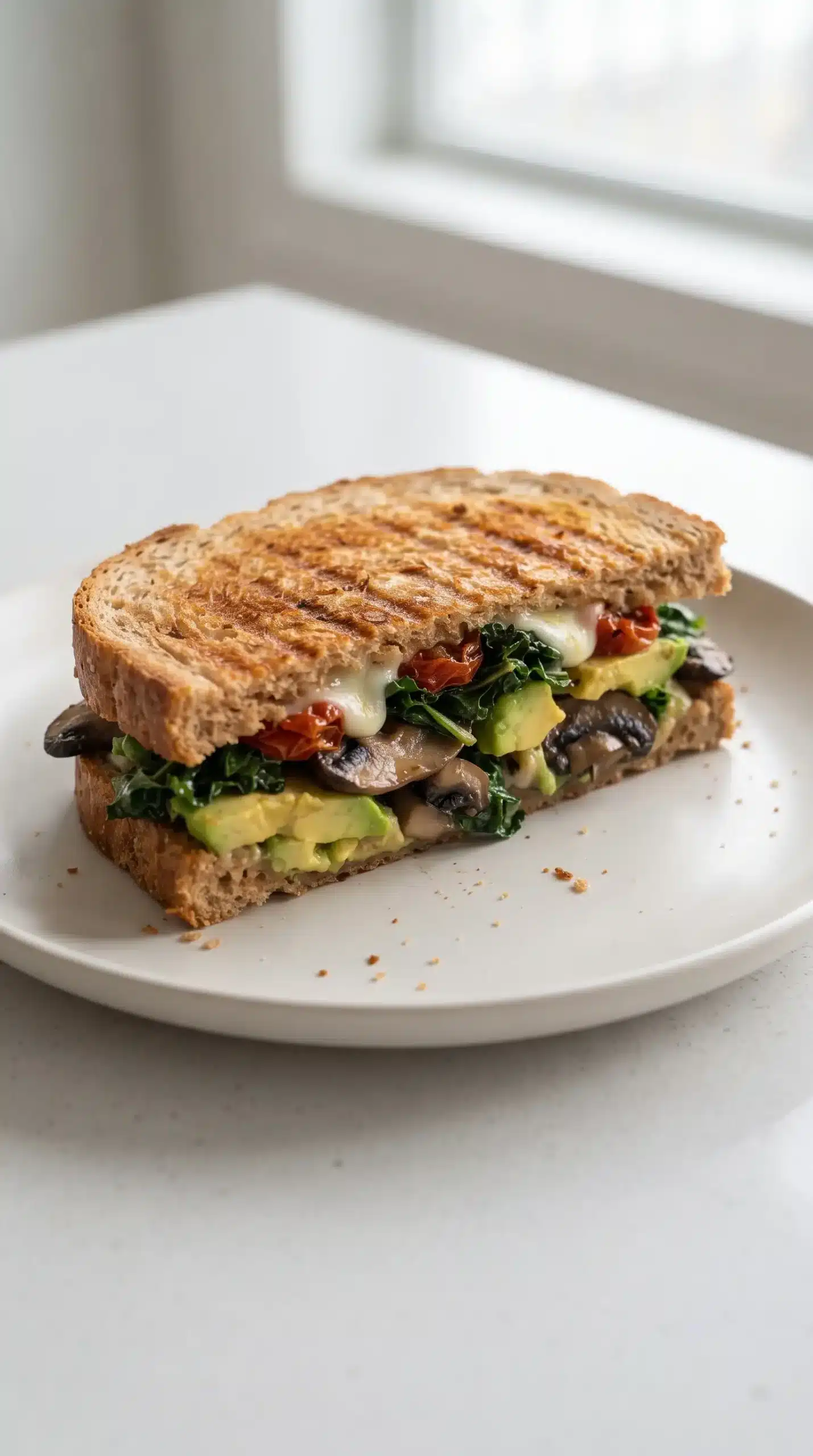 Pressed avocado veggie panini with mushrooms, kale, tomatoes, avocado, and cheese filling