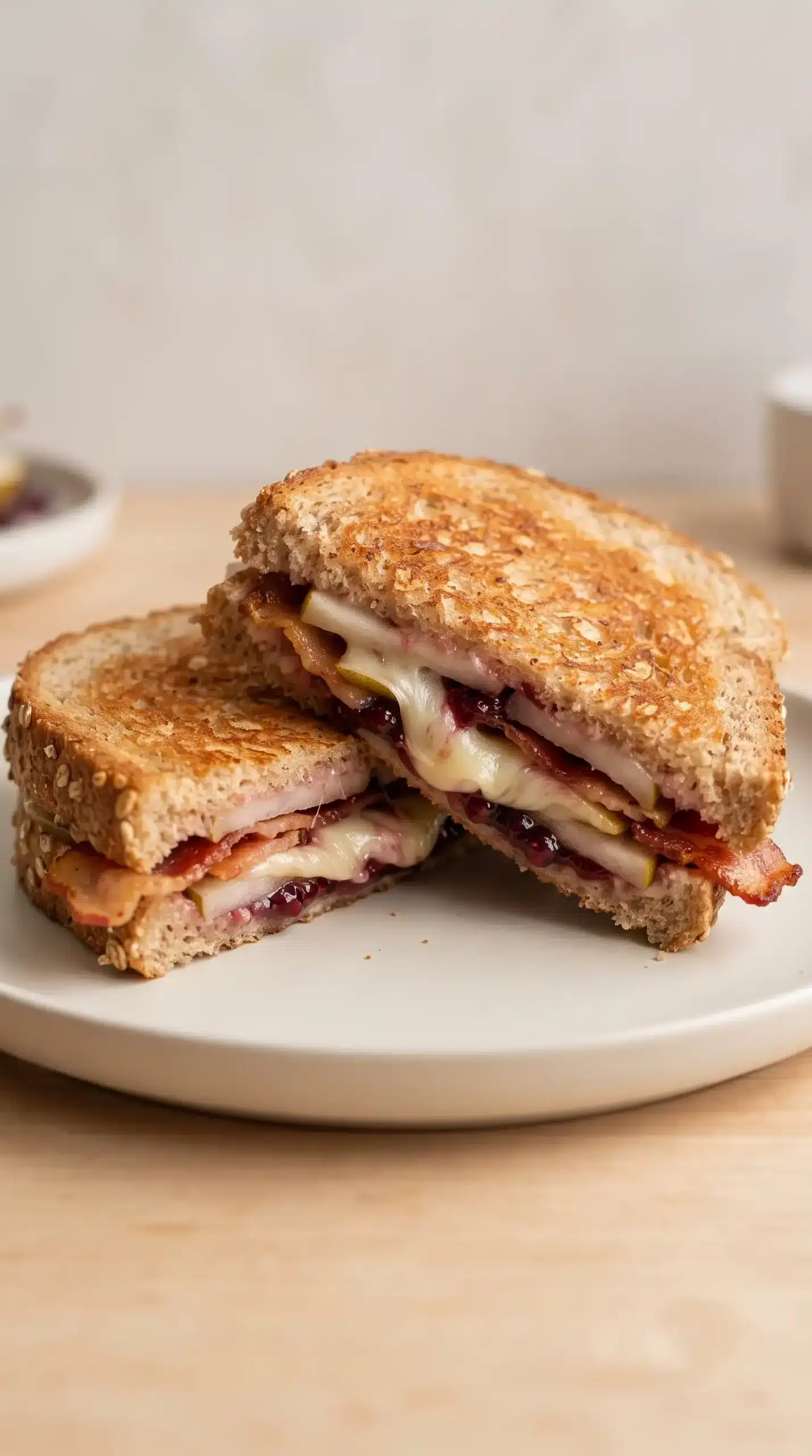 Finished grilled cheese sandwich with toasted bread, bacon, pear, cheese, and raspberry preserves