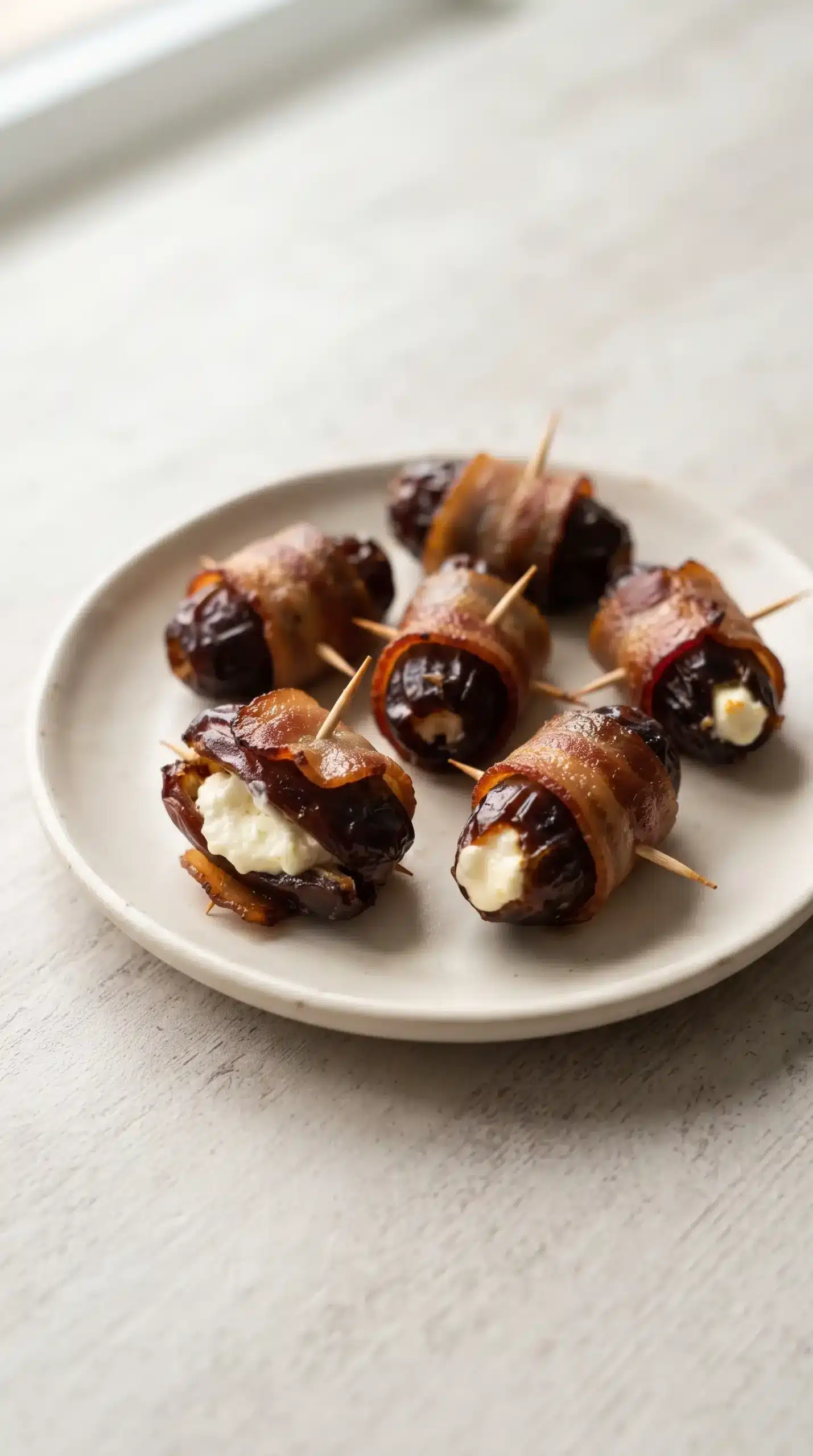 Finished bacon wrapped dates with goat cheese on a small ceramic plate