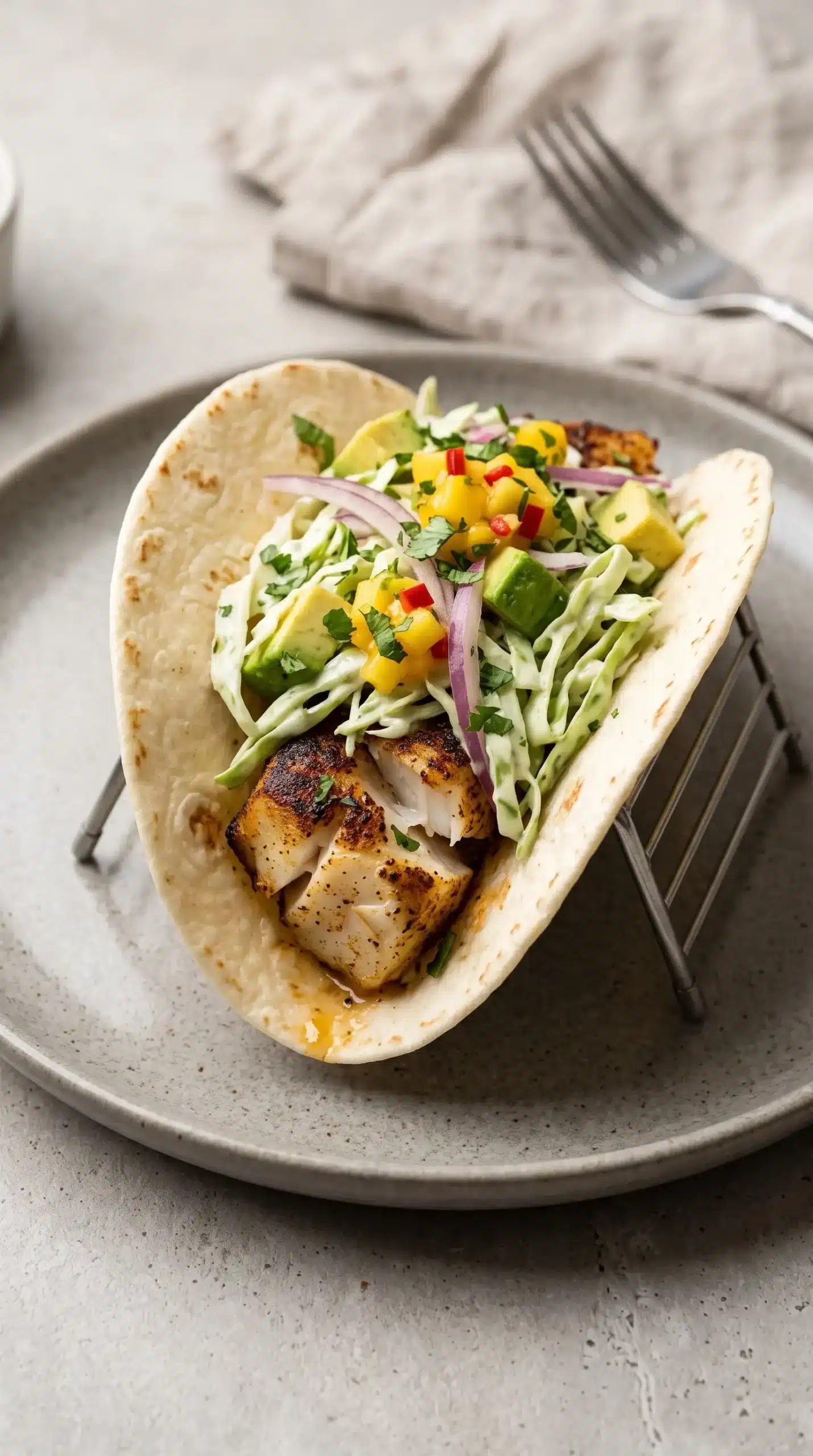 Baked cod fish tacos with creamy cabbage, avocado, red onion, and mango salsa