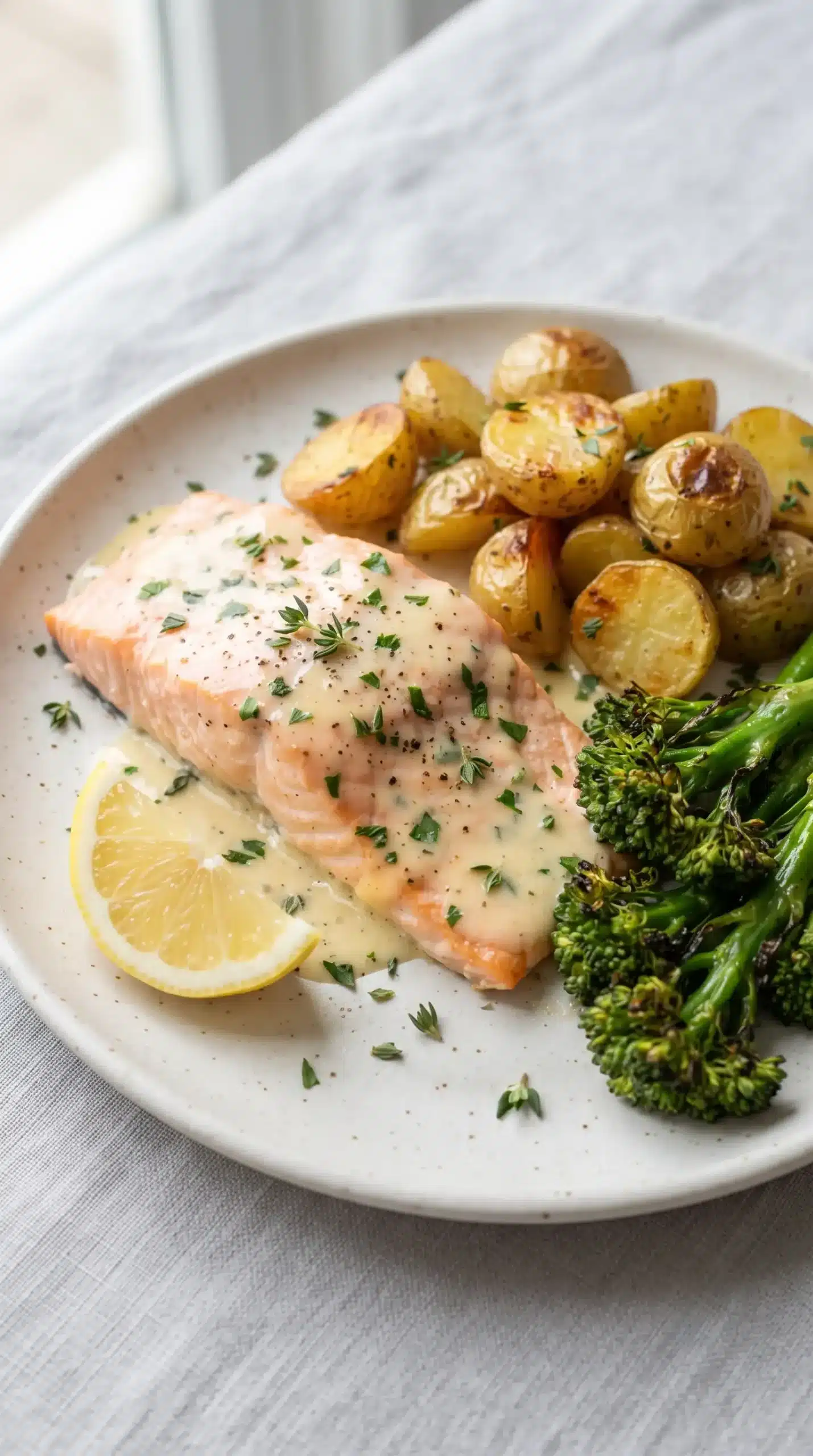 Baked salmon with lemon cream sauce, roasted vegetables, thyme, and lemon wedge