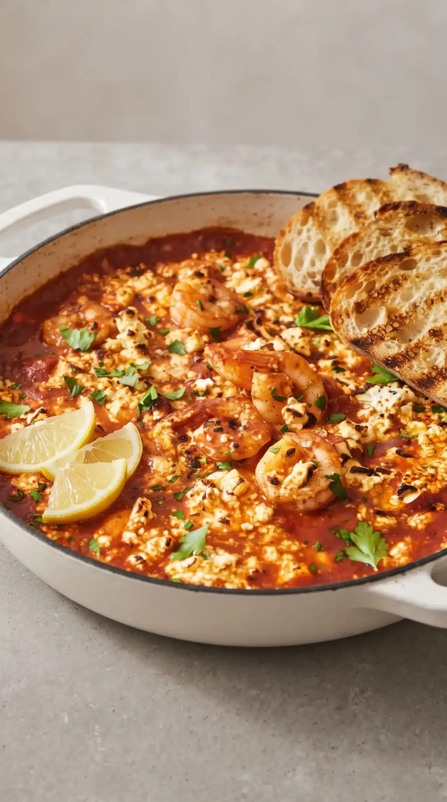 Baked shrimp with feta topped with parsley and served with grilled sourdough