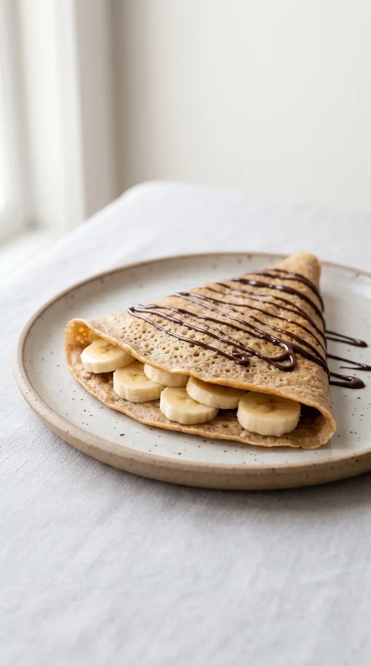 Folded banana crepe filled with sliced bananas and topped with chocolate drizzle