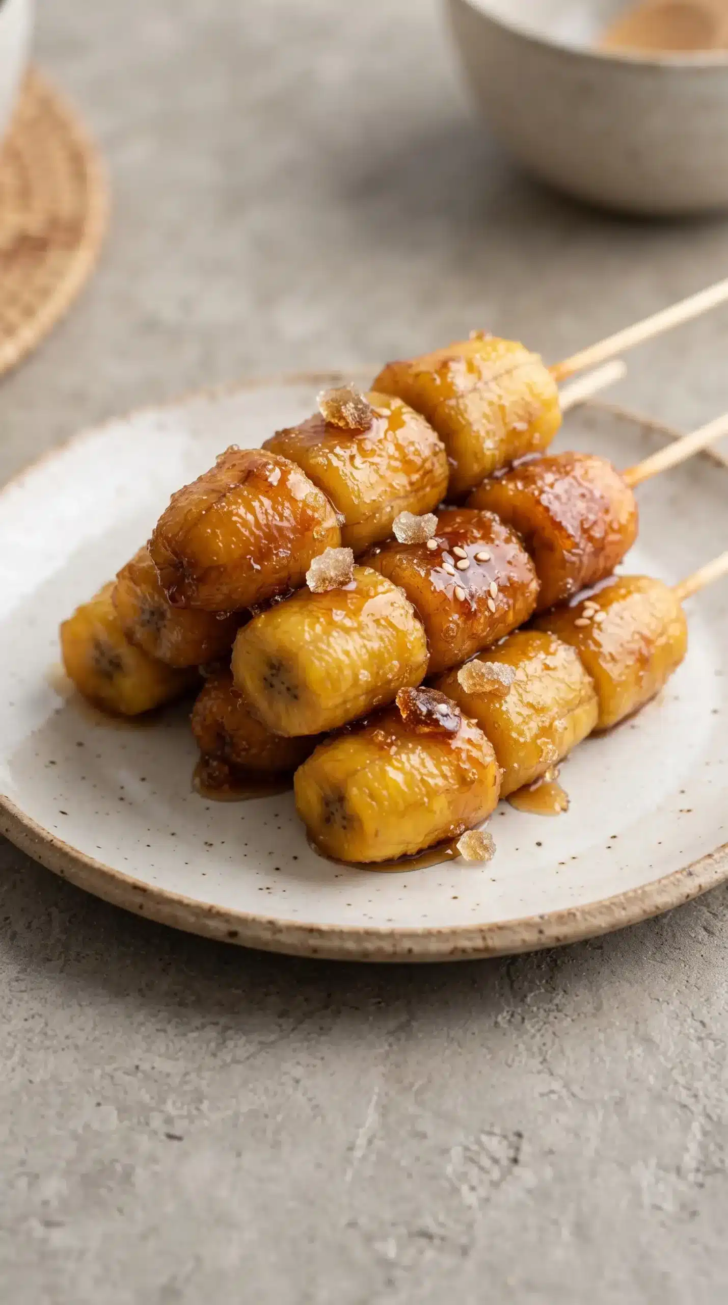 Finished banana cue skewers with glossy caramelized saba bananas