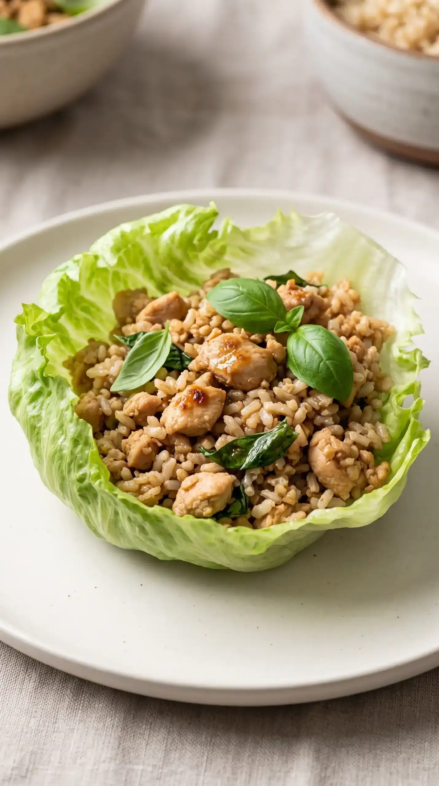 Basil chicken lettuce wraps filled with brown rice and savory chicken mixture