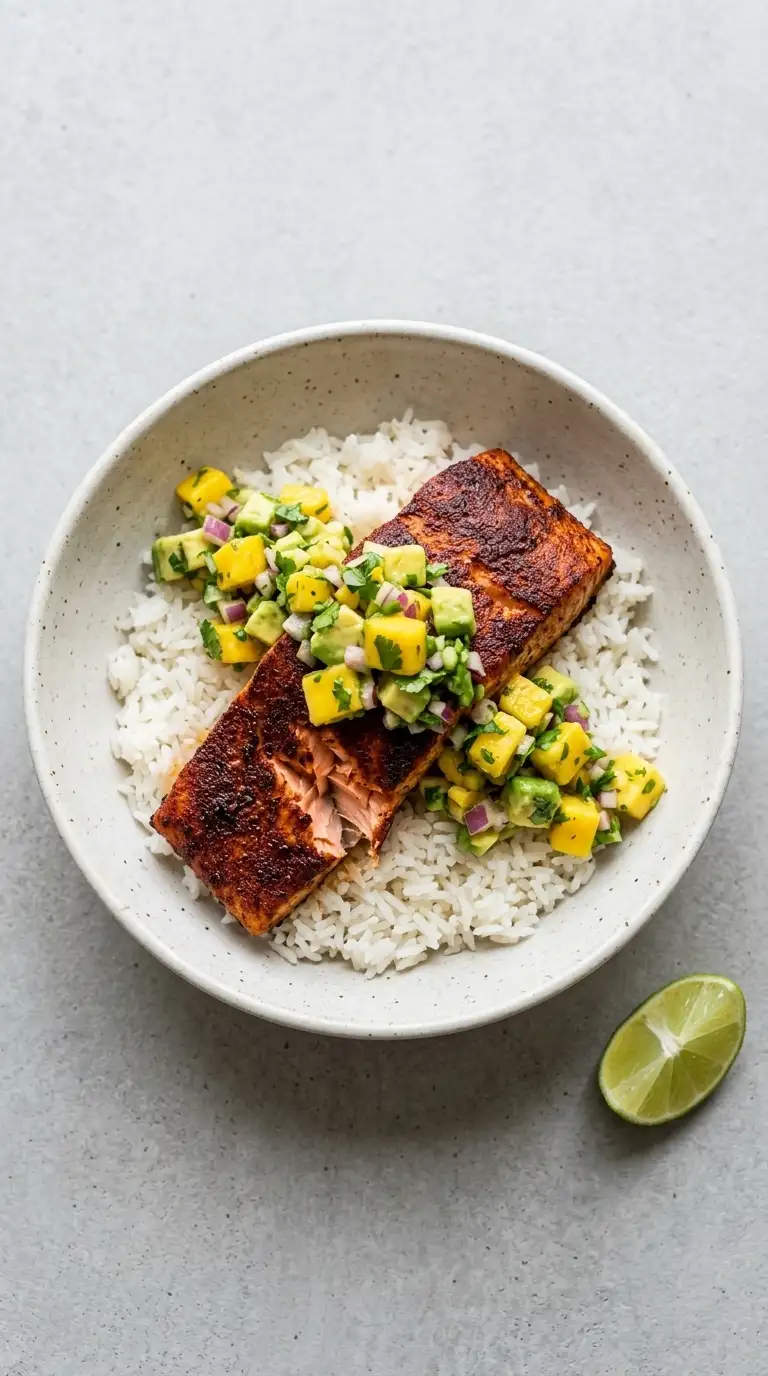 Finished BBQ salmon bowl with rice, paprika-crusted salmon, and mango avocado salsa