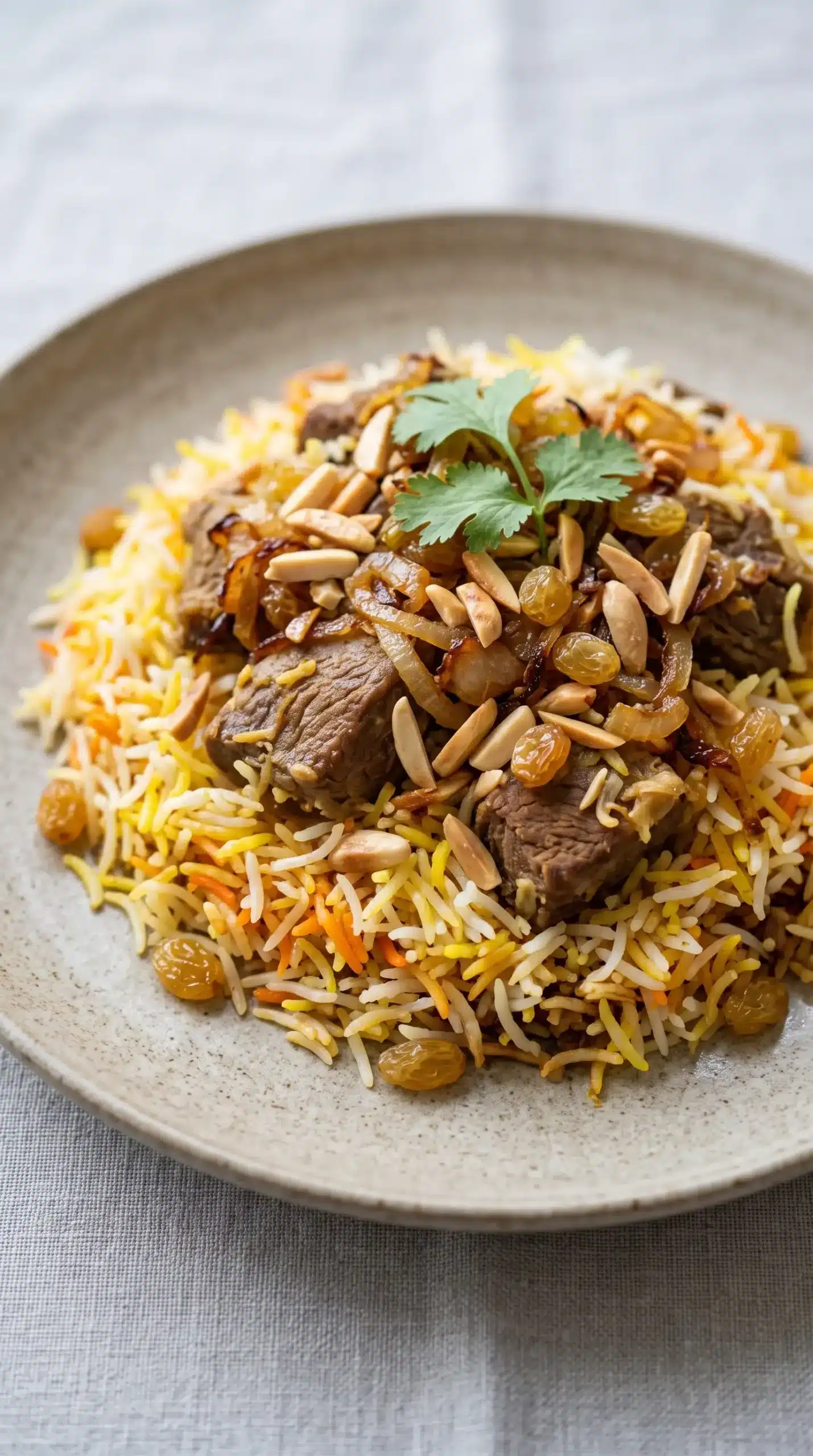 Beef and basmati rice biryani topped with onions, almonds, raisins, and cilantro