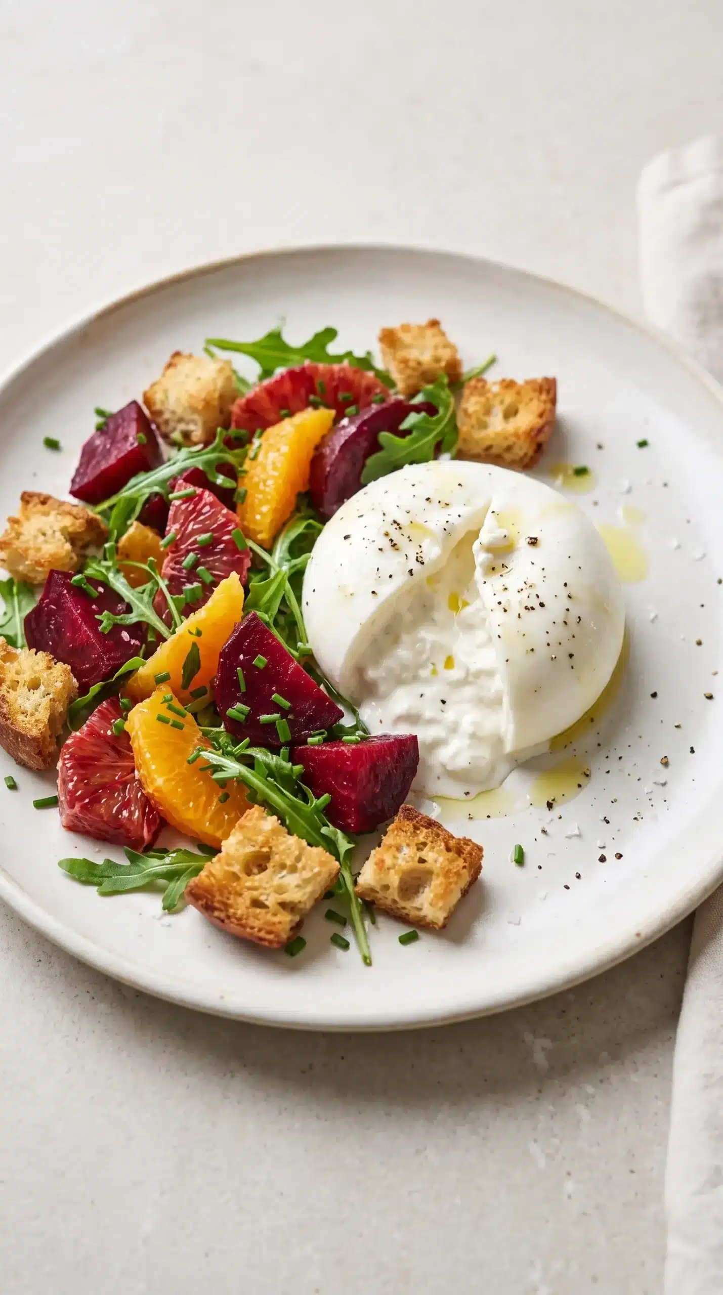 Finished beet and burrata salad with creamy cheese, beets, oranges, greens, and fried bread