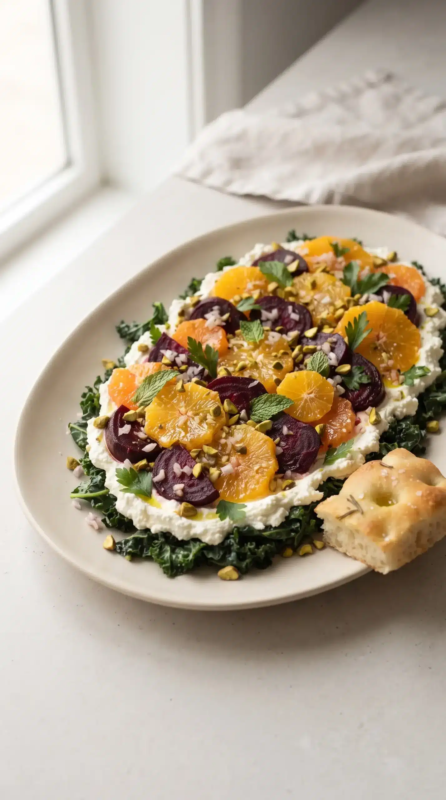 Finished beet salad with oranges, ricotta, pistachios, kale, and fresh herbs