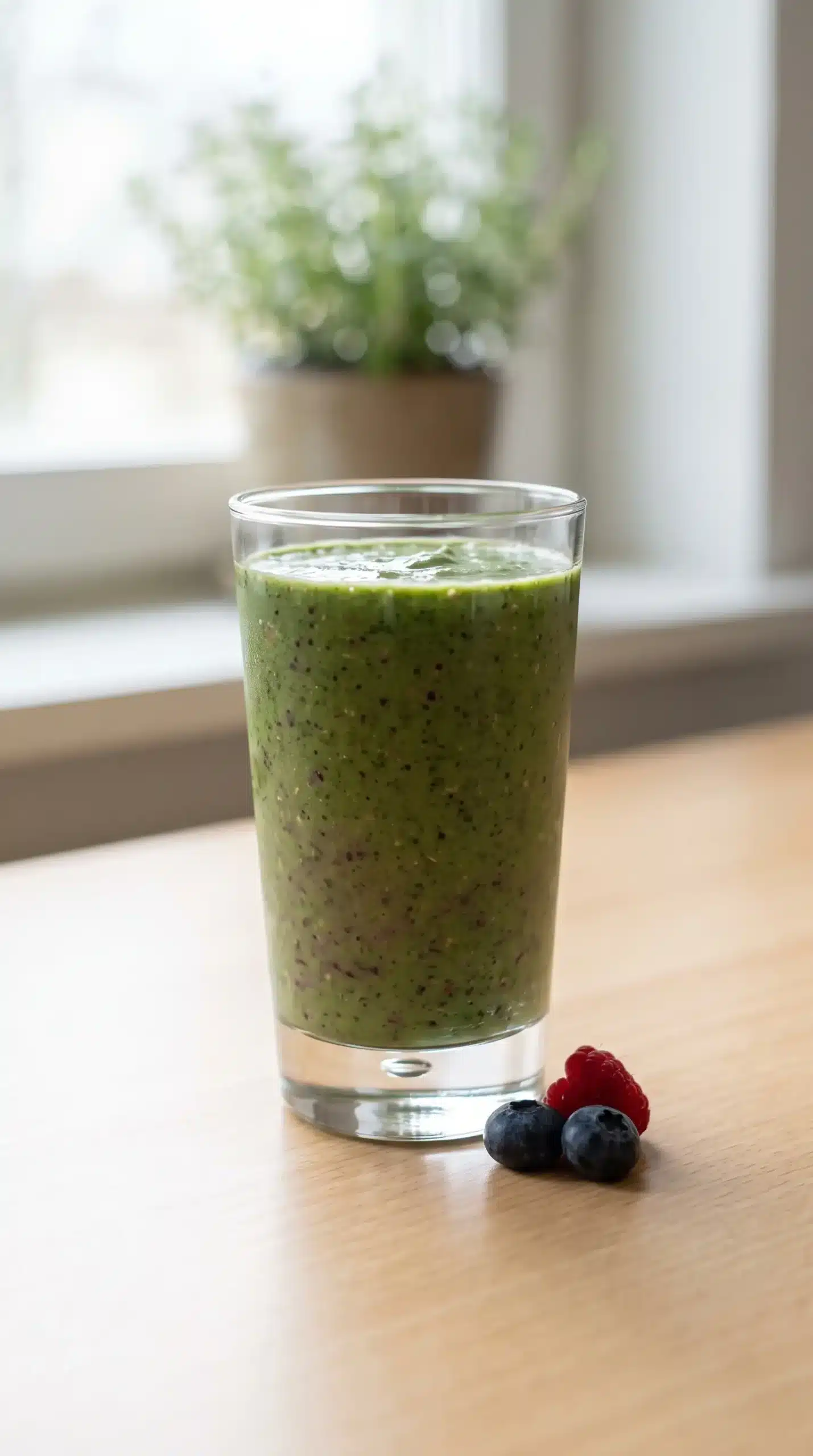 Finished green berry smoothie served in a clear glass with a smooth texture