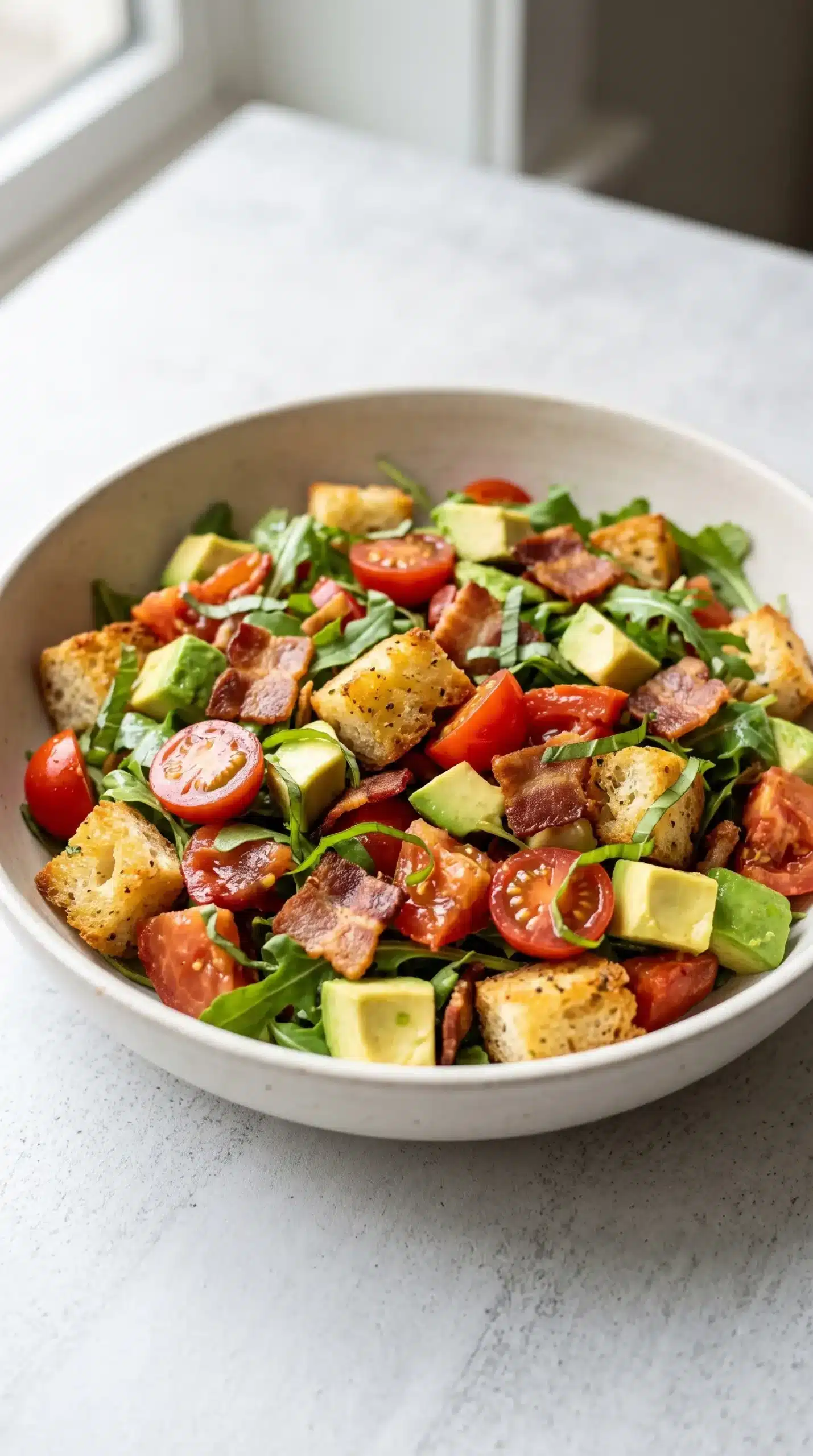 Finished BLT panzanella salad with crispy bacon, avocado, tomatoes, and toasted bread