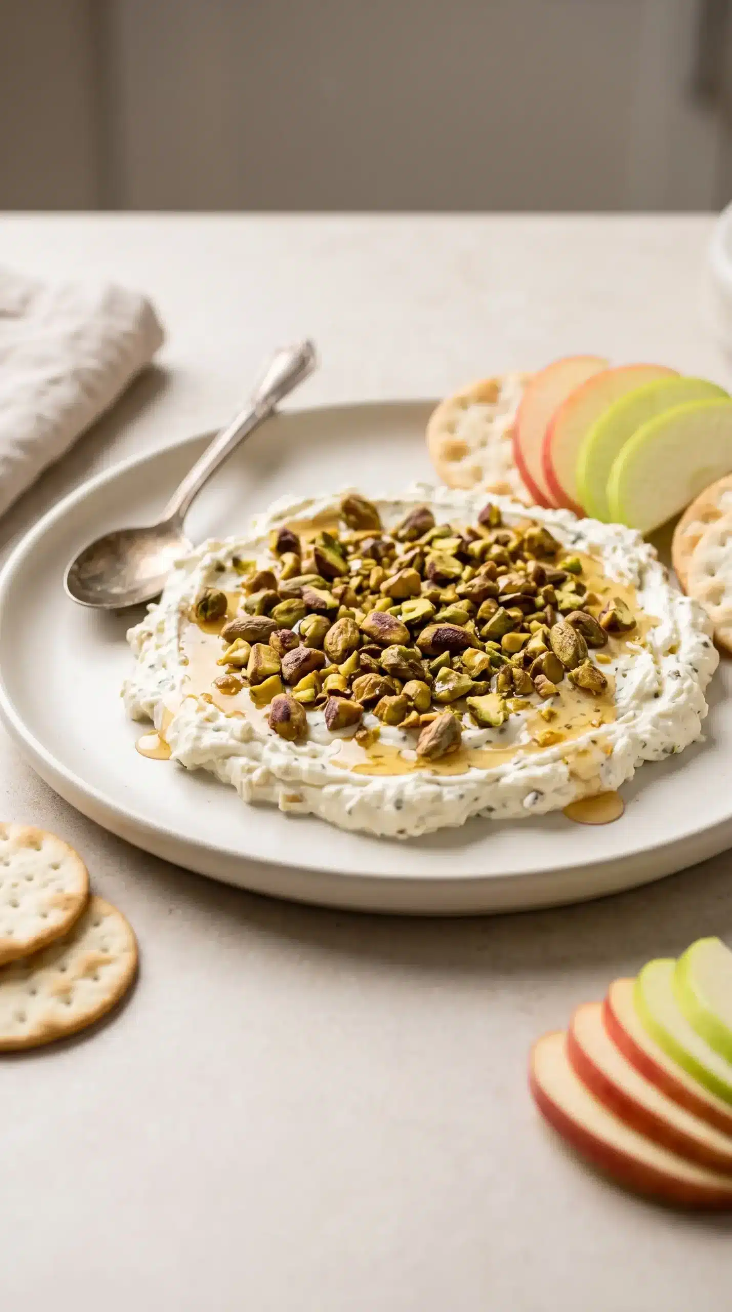 Finished Boursin cheese appetizer topped with pistachios and hot honey drizzle for serving