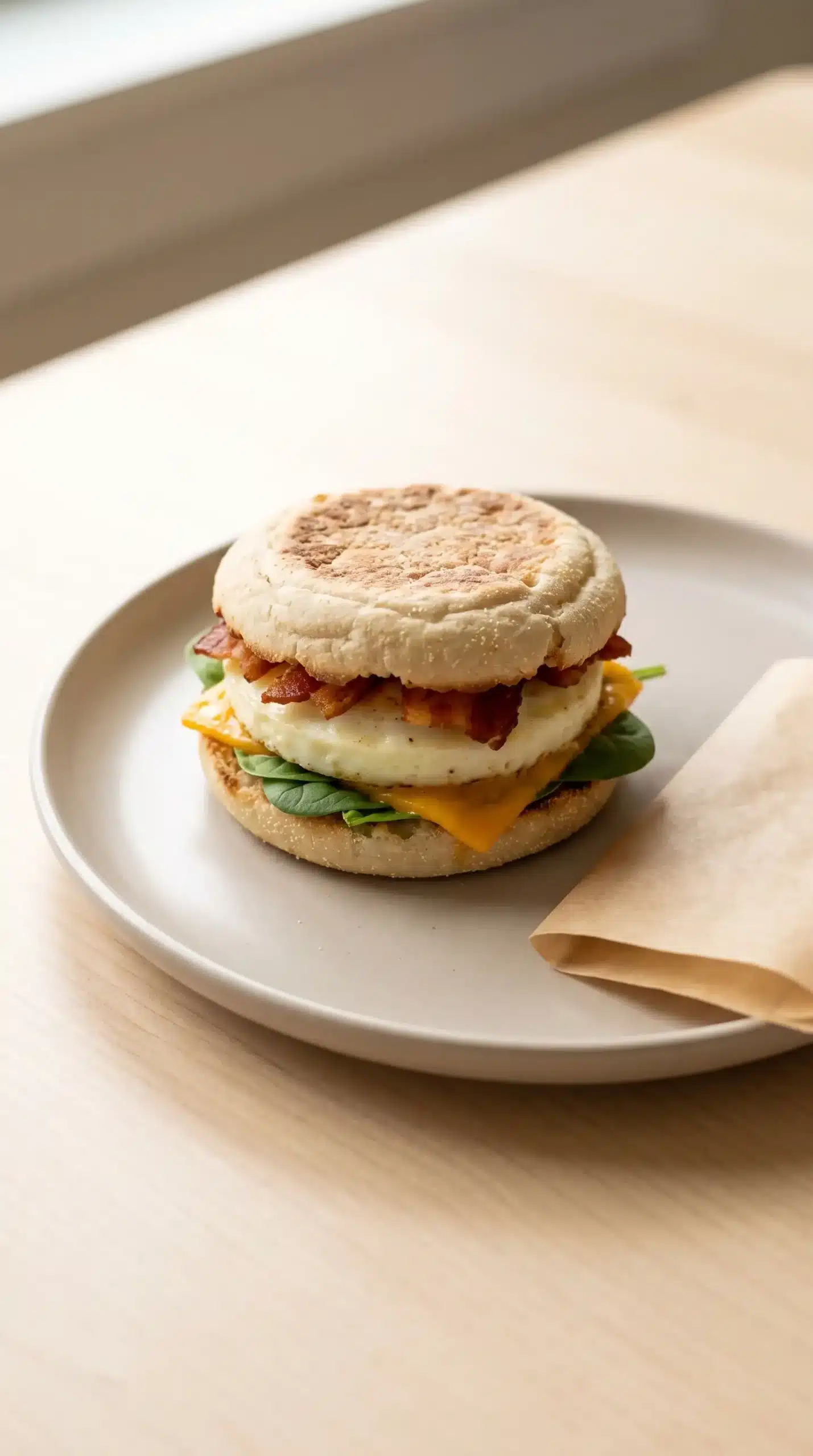 Prepared breakfast sandwich with egg, bacon, spinach, cheese, and toasted English muffin