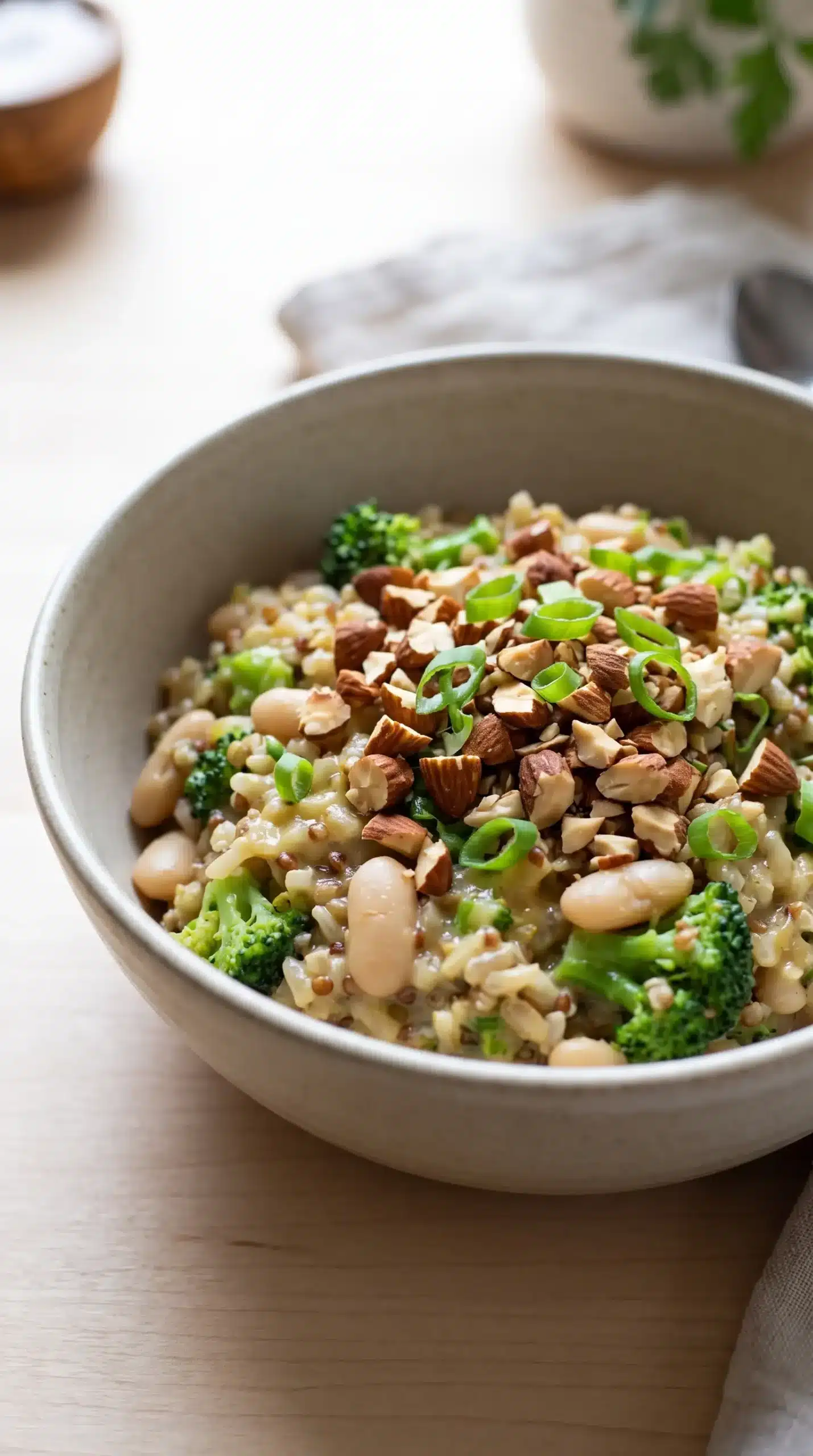 Finished broccoli cheese rice bowl topped with almonds and sliced green onions