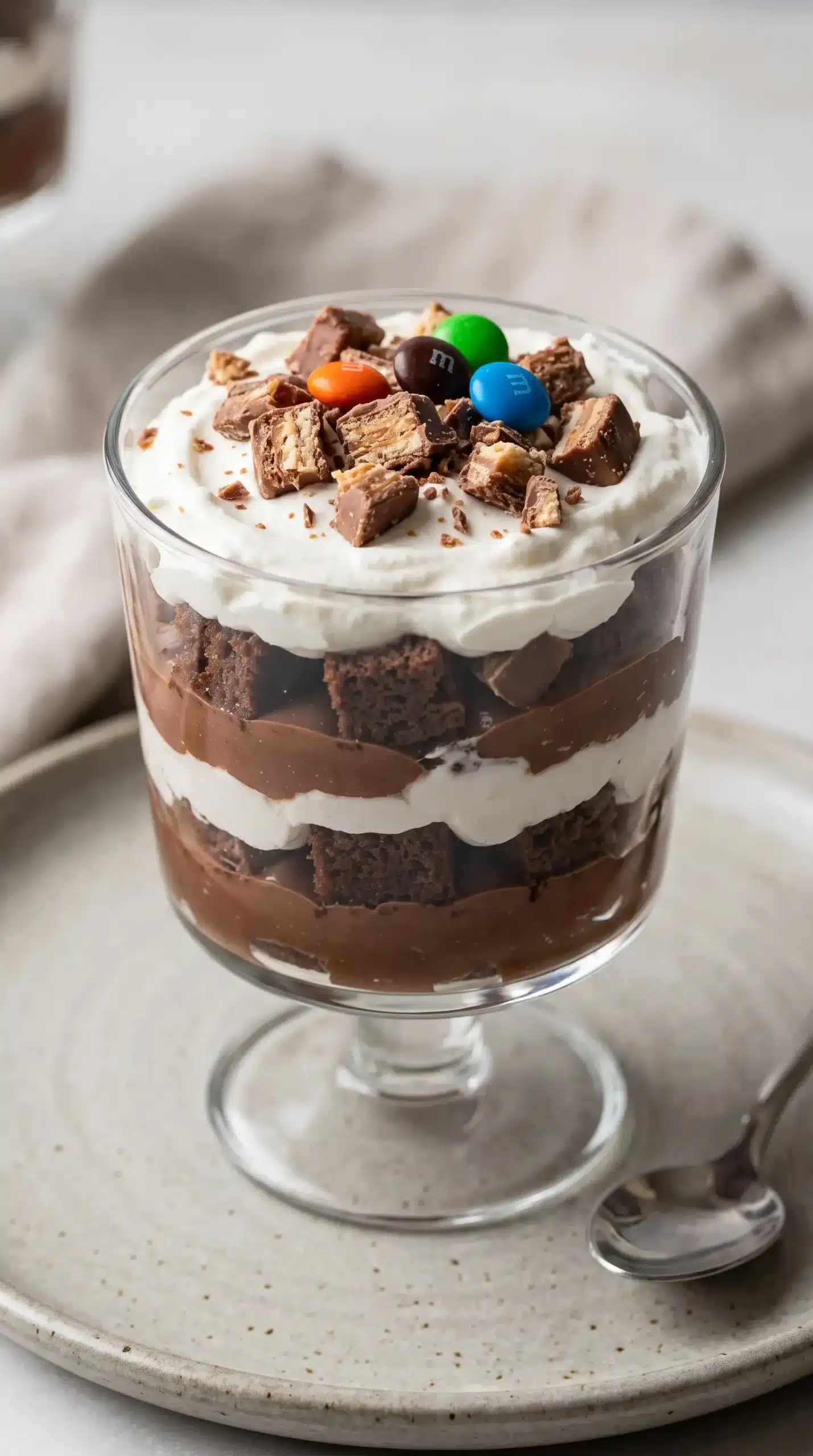 Finished brownie fudge trifle with chocolate pudding layers, whipped cream, and candy topping