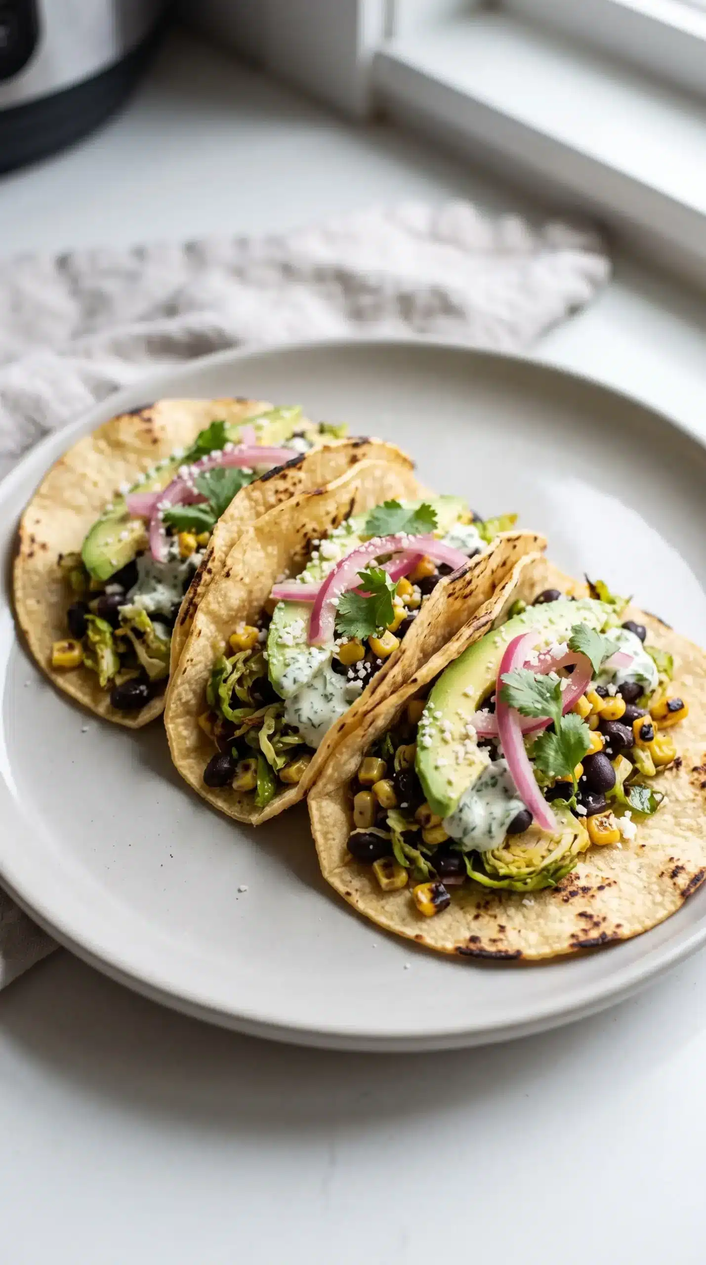 Finished Brussels sprouts taco with corn, beans, avocado, and herbs