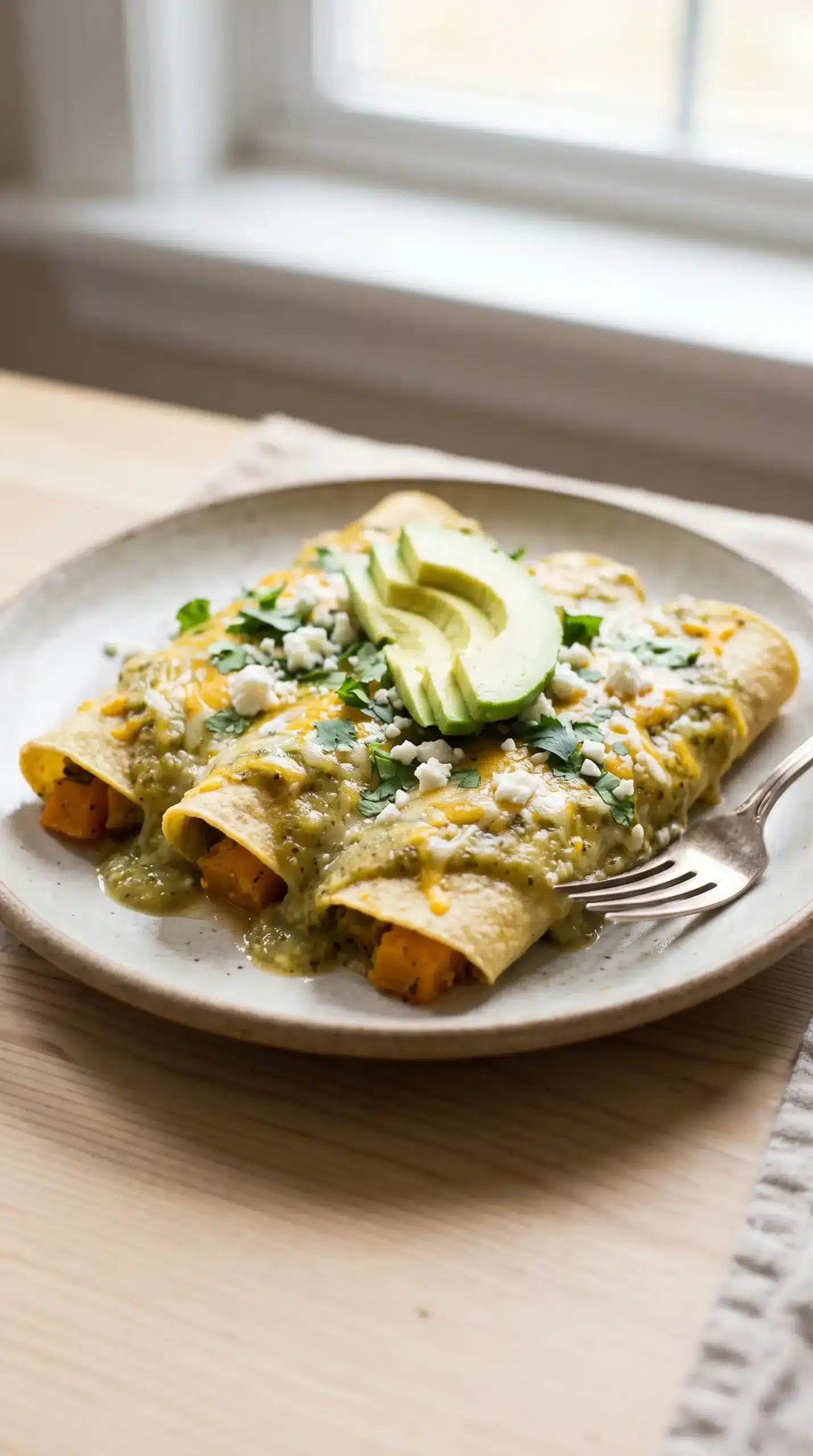 Finished butternut squash enchiladas topped with tomatillo sauce, cheese, cilantro, and avocado