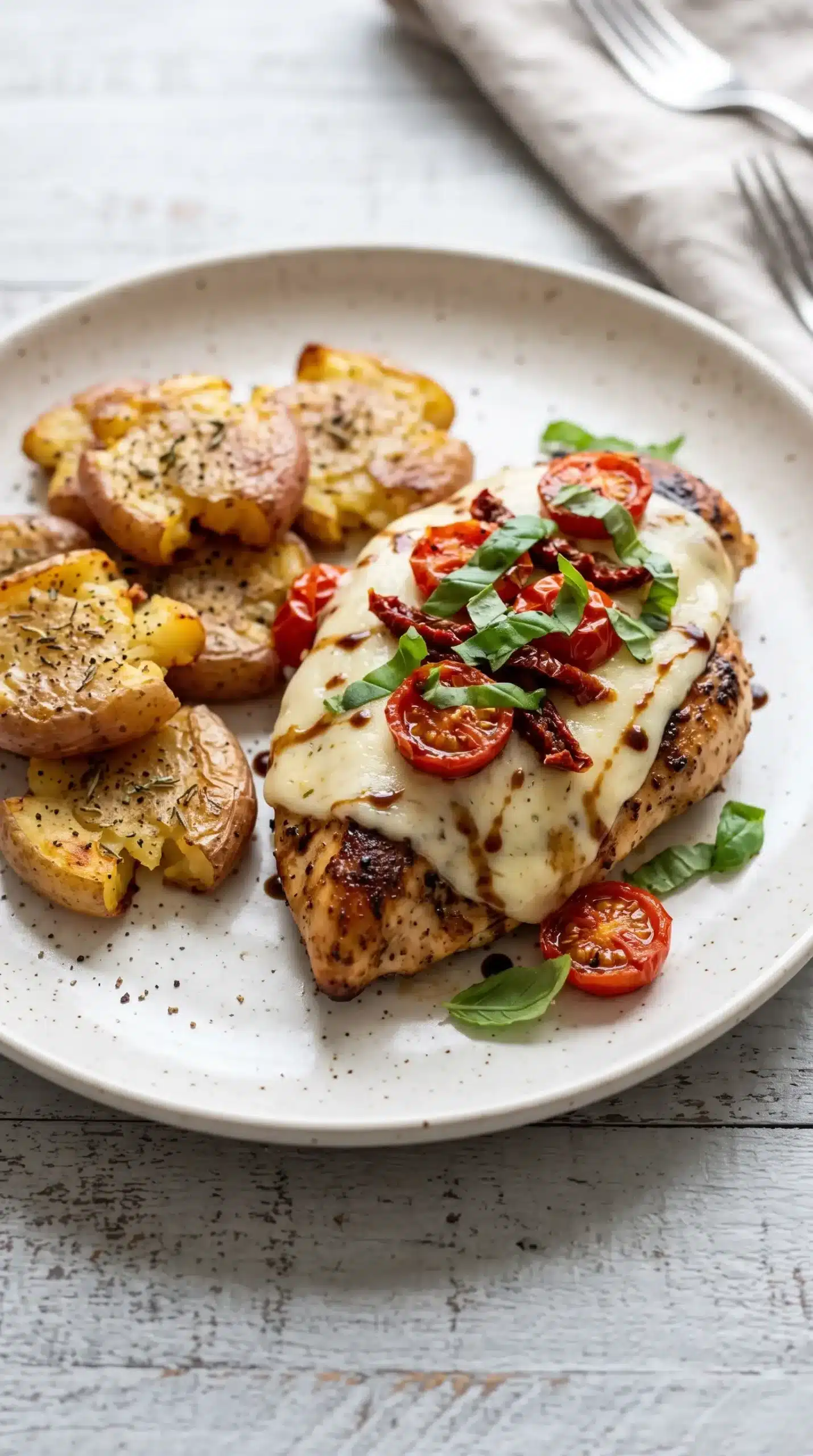 Plated Caprese chicken with melted cheese, basil, tomatoes, and crispy smashed potatoes