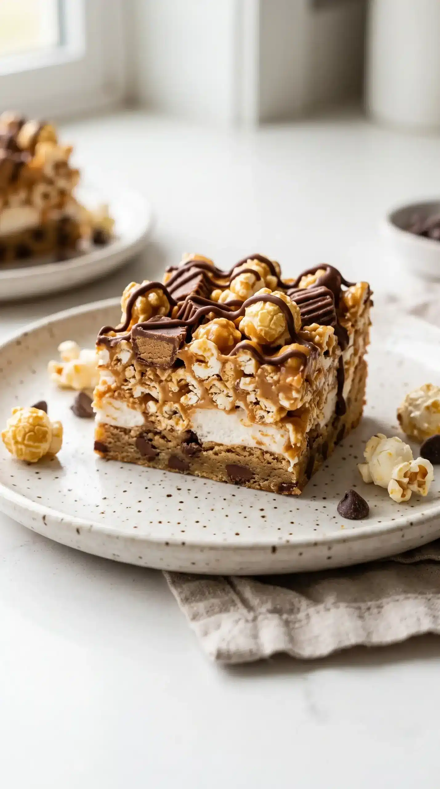 Finished caramel corn bars showing cookie, marshmallow, popcorn topping, and chocolate layers