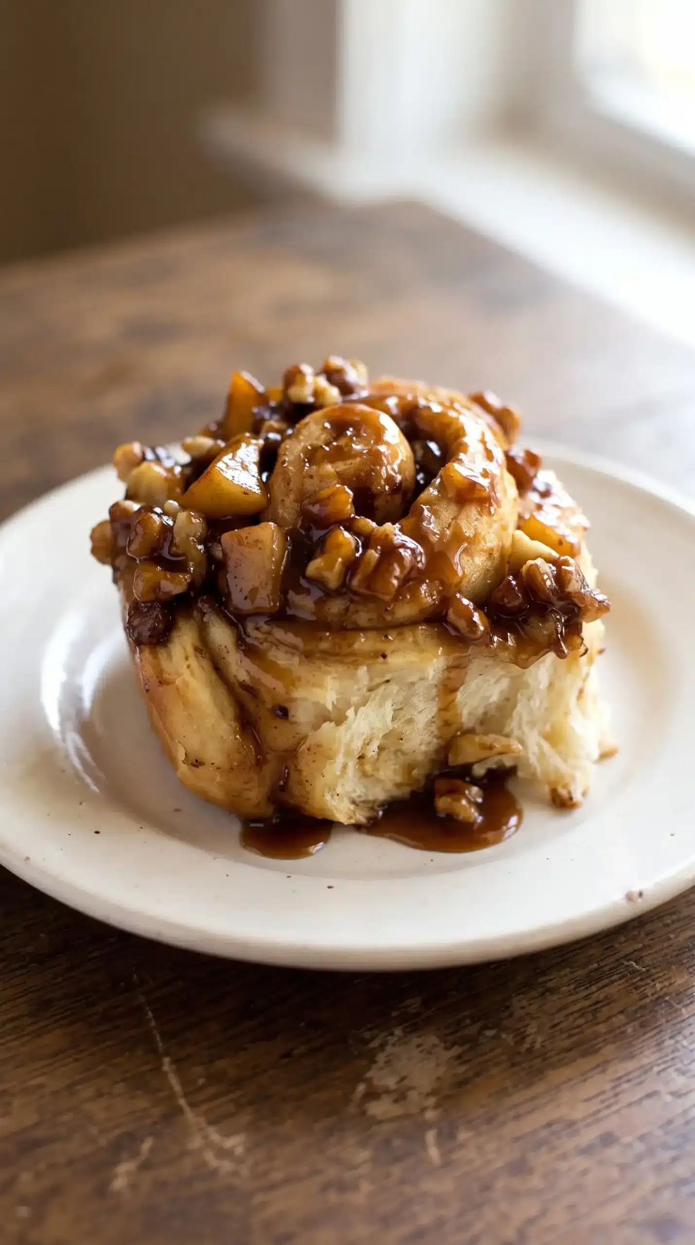 Warm caramel roll topped with apple sauce, walnuts, and brown sugar caramel