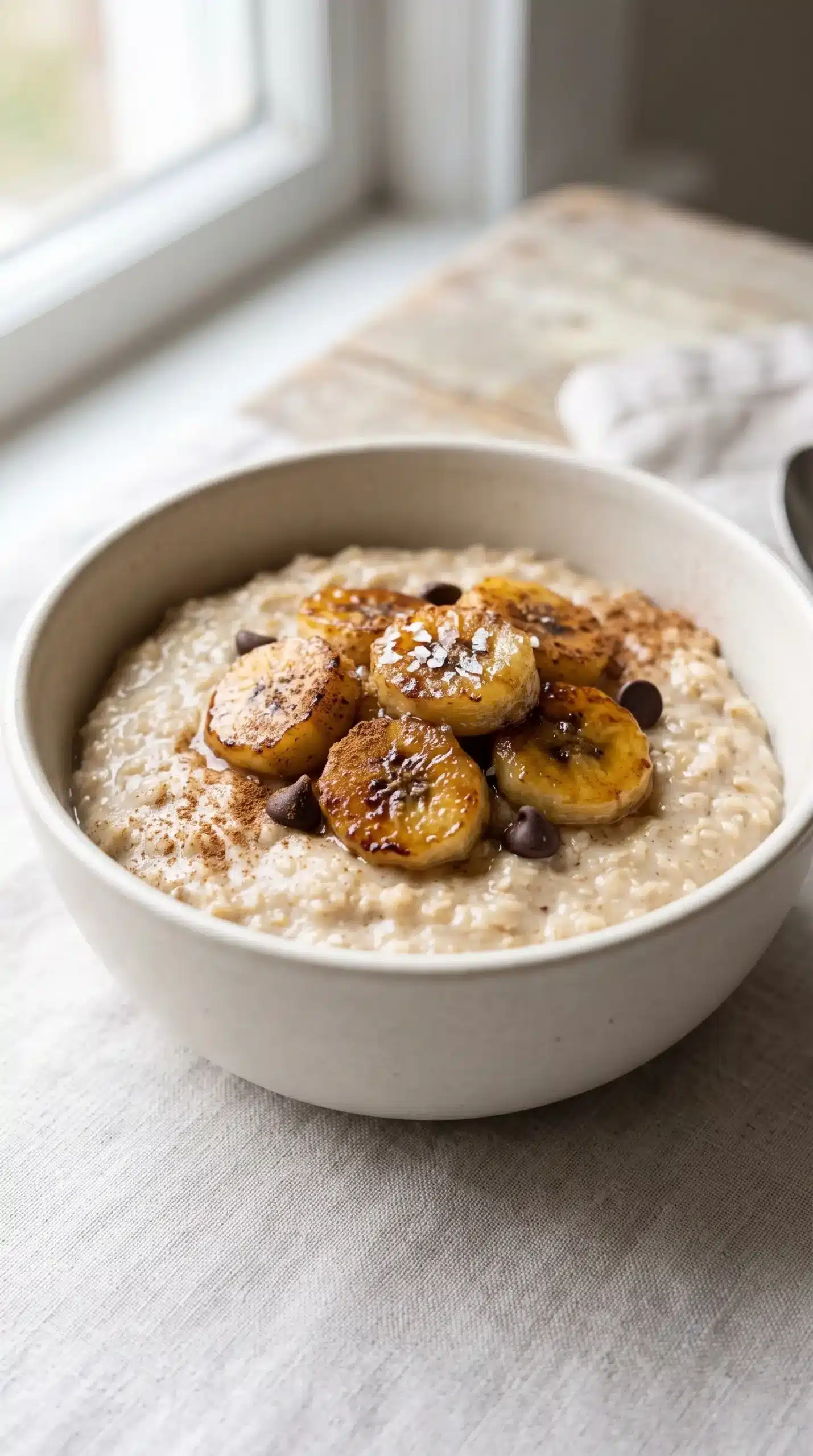Bowl of creamy oatmeal with caramelized banana slices, cinnamon, chocolate chips, and sea salt