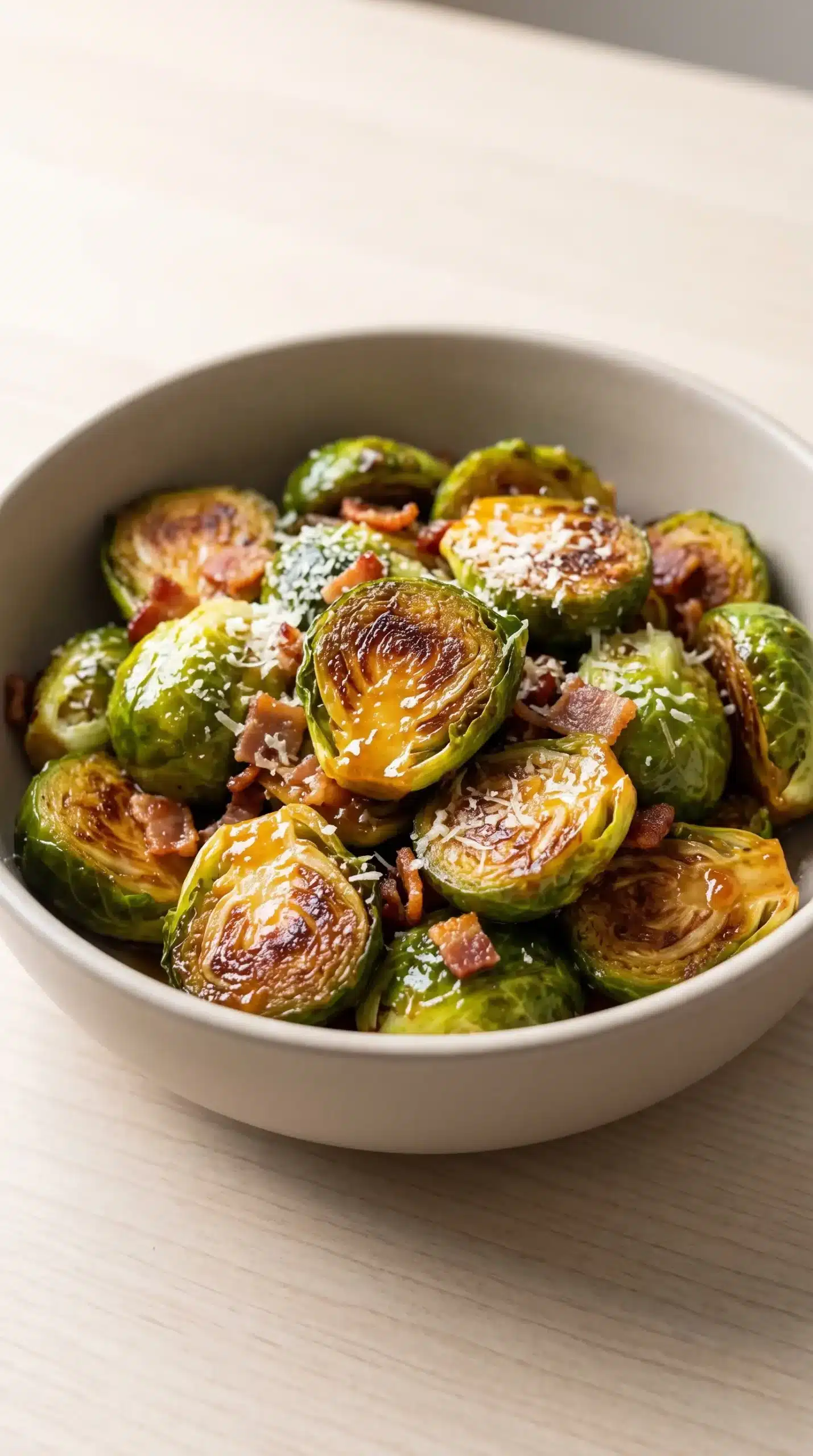 Finished caramelized brussels sprouts with orange glaze, bacon, and Parmesan in a bowl
