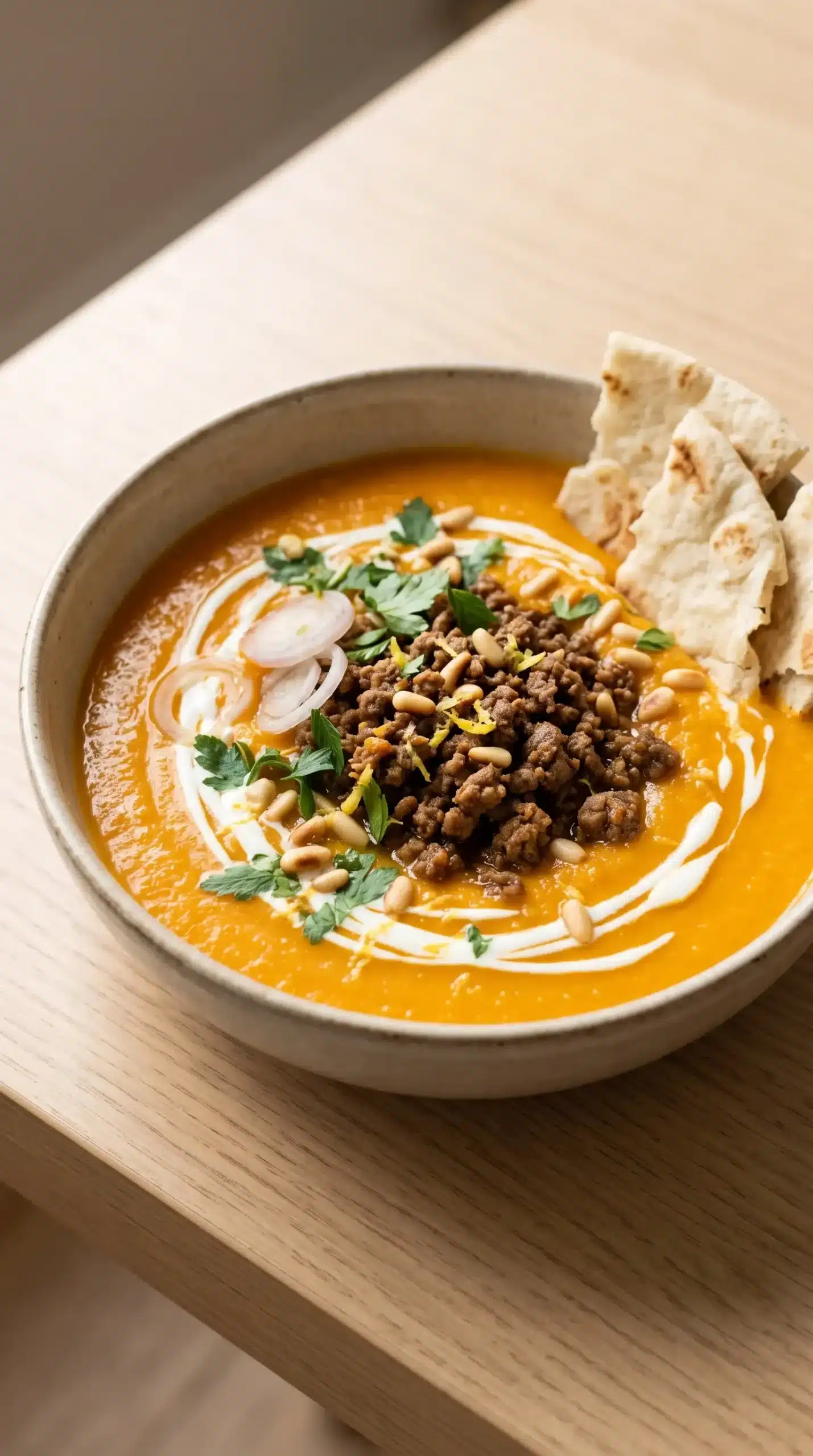 Finished carrot soup topped with spiced beef, yogurt, pine nuts, and herbs