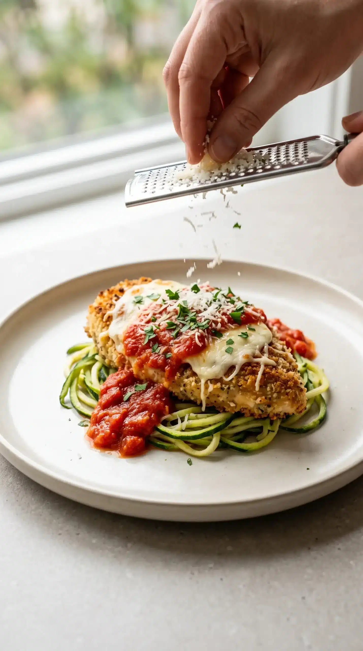 Chicken parmesan with zucchini noodles finished with Parmesan and parsley
