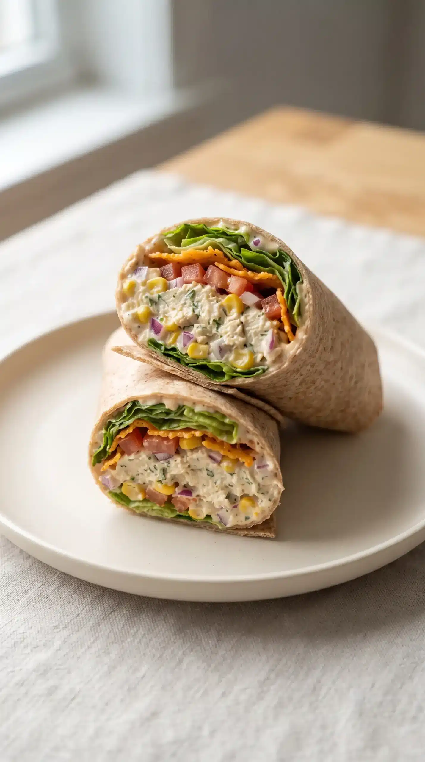 Professional food photography close-up of one completed Ang's Chicken Wraps serving as the single main subject, cut slightly to reveal the interior layers of tender chicken, crunchy cheddar crisp, fresh lettuce, tomatoes, corn, red onion, and creamy sauces inside a whole wheat wrap. Place the wrap on a simple neutral ceramic plate with a clean light surface, using a natural three-quarter angle and soft window lighting. Keep the presentation realistic and approachable, with balanced ingredients and visible texture contrast, no extra servings, no decorative clutter, no artificial perfection.