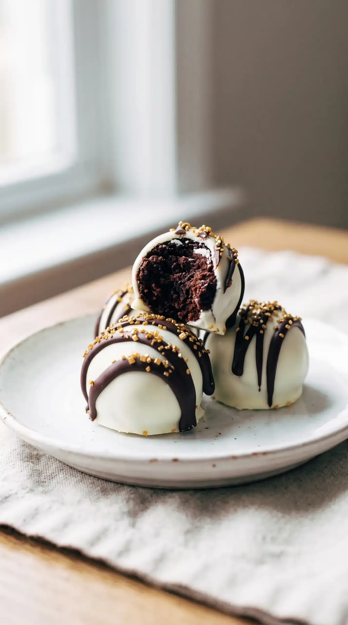 Chocolate cake bites with almond bark coating, chocolate drizzle, sprinkles, and a revealed cake center
