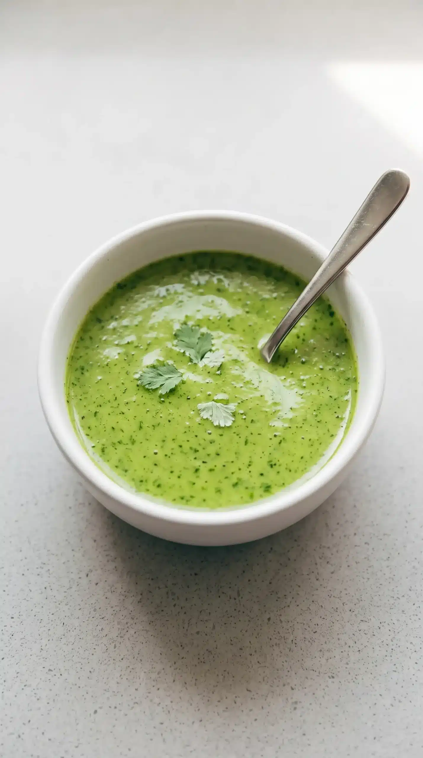 Finished cilantro vinaigrette in a bowl ready to use as a fresh topping