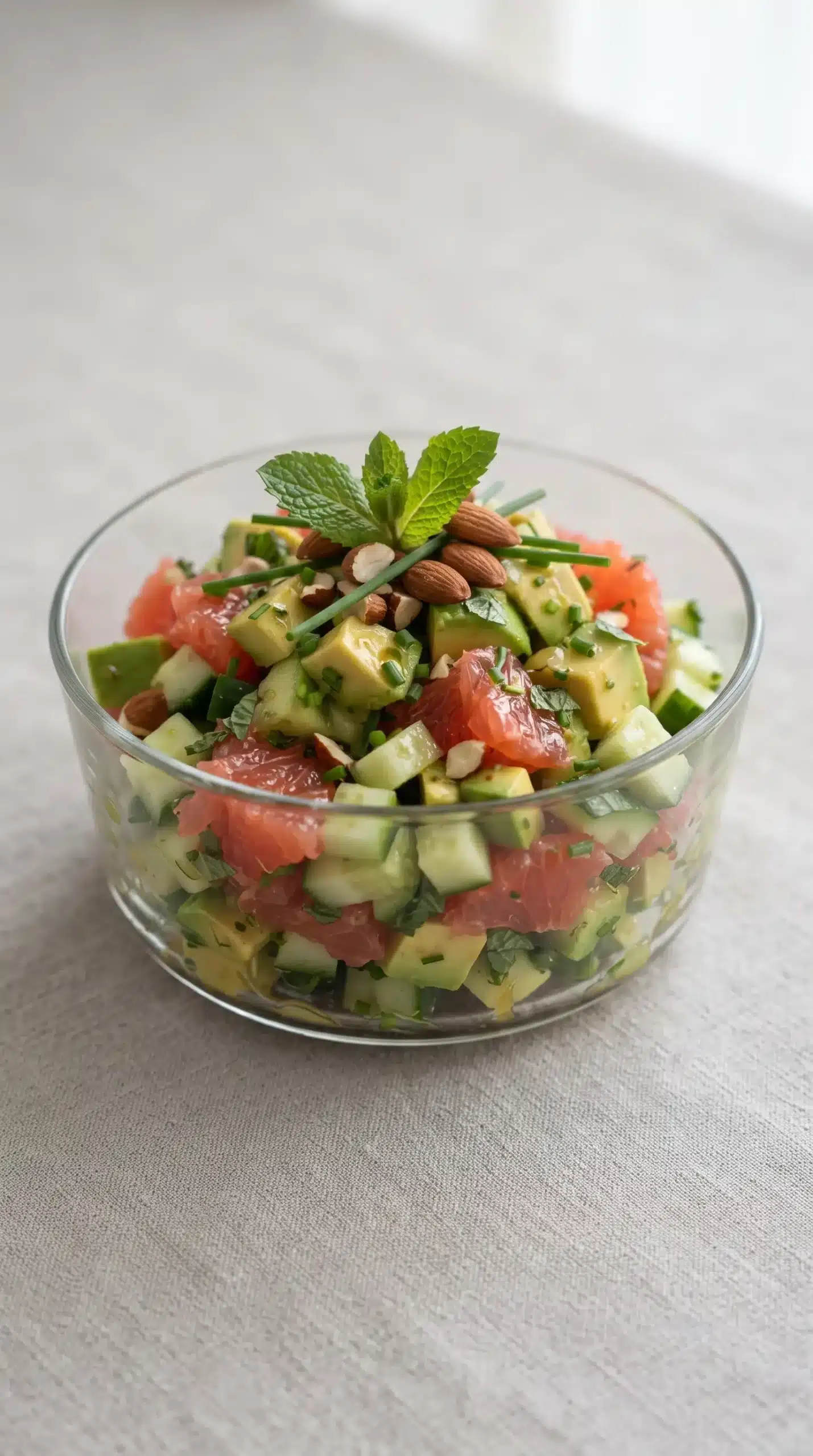 Finished avocado cucumber grapefruit salad with mint, chives, and almonds in a bowl
