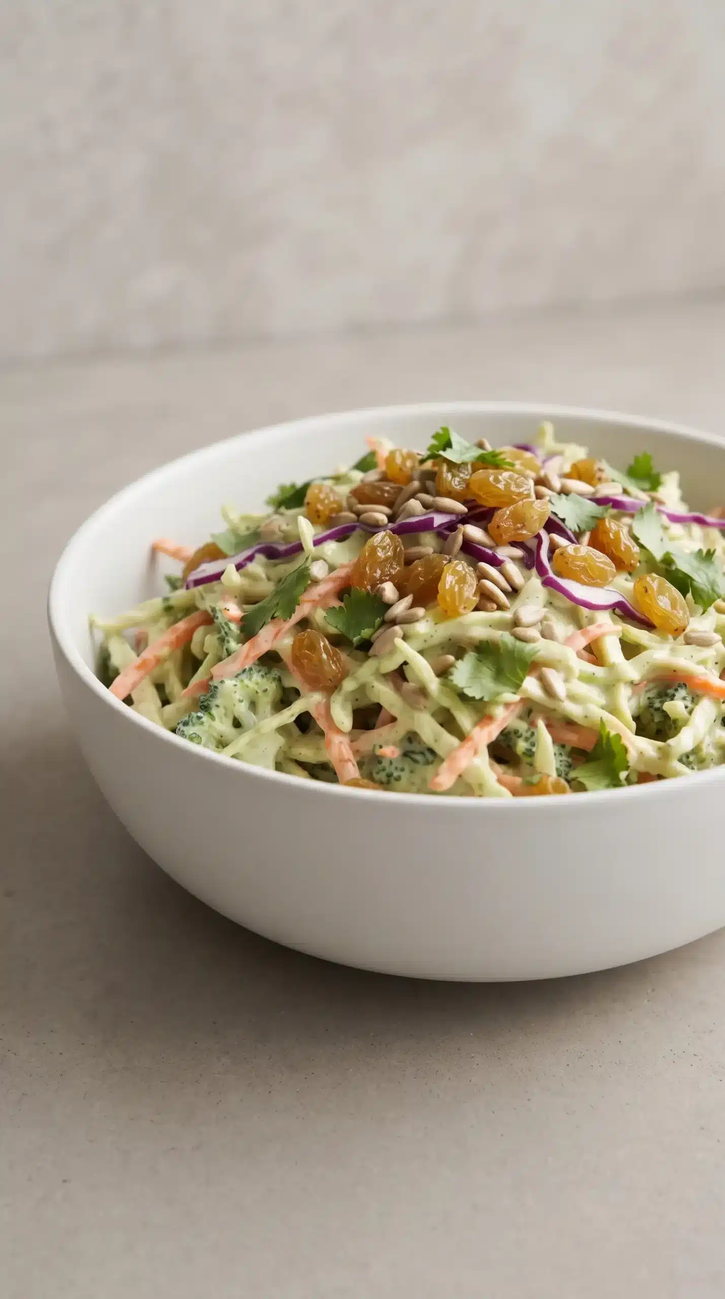Finished green curry salad with broccoli slaw, carrots, raisins, seeds, and cilantro in a bowl