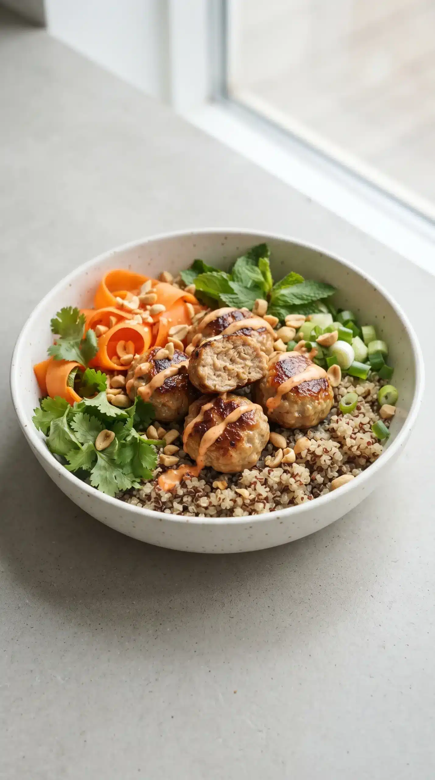Lemongrass meatball bowl with quinoa, pork meatballs, pickled carrots, herbs, and spicy mayo