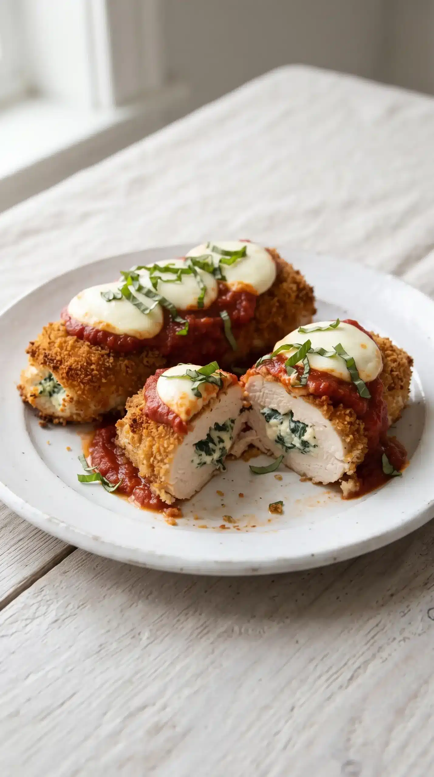 Sliced mozzarella chicken rolls with spinach ricotta center, marinara sauce, and basil