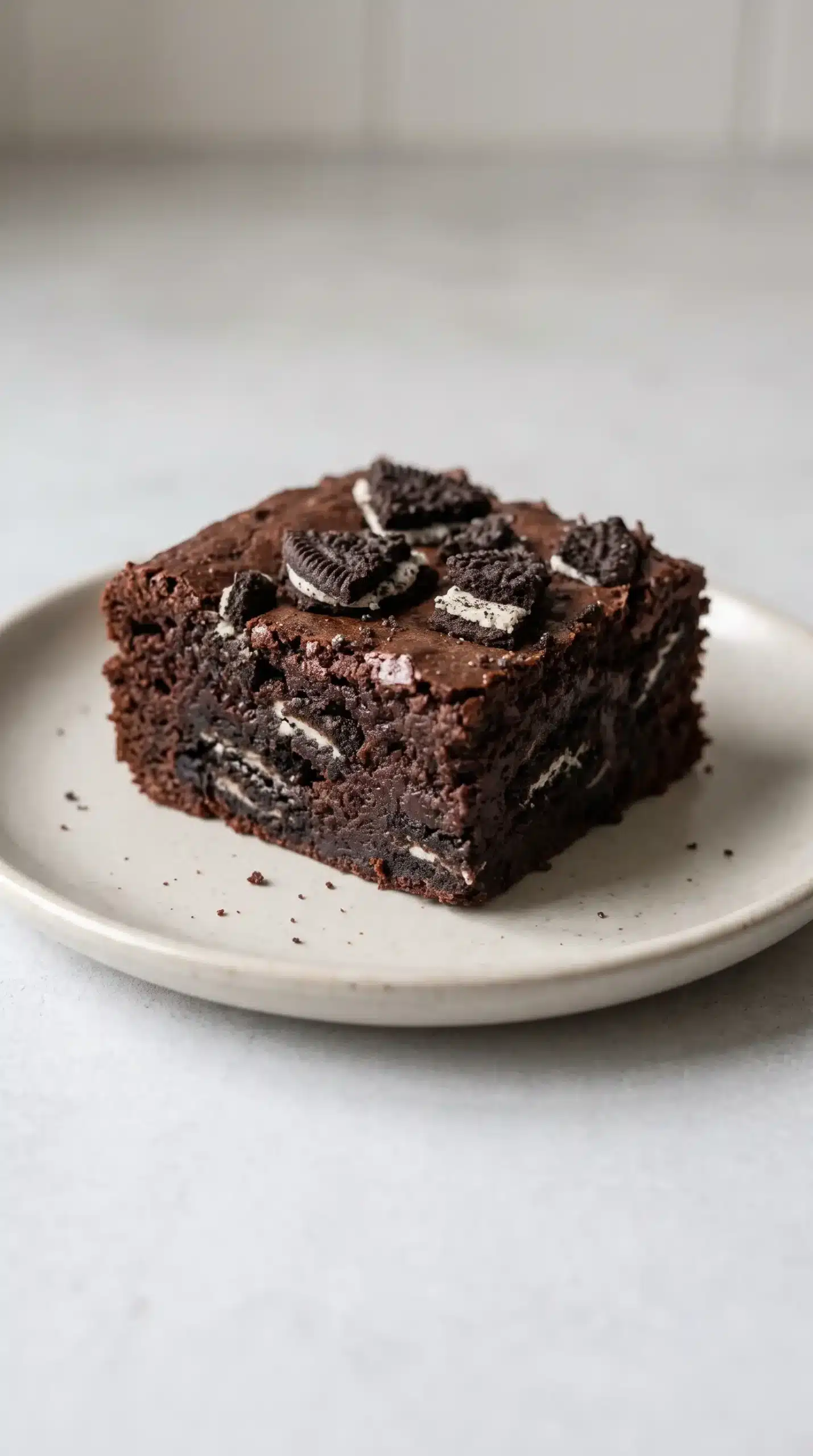 Oreo brownies square with a fudgy texture and visible cookie pieces on a plate