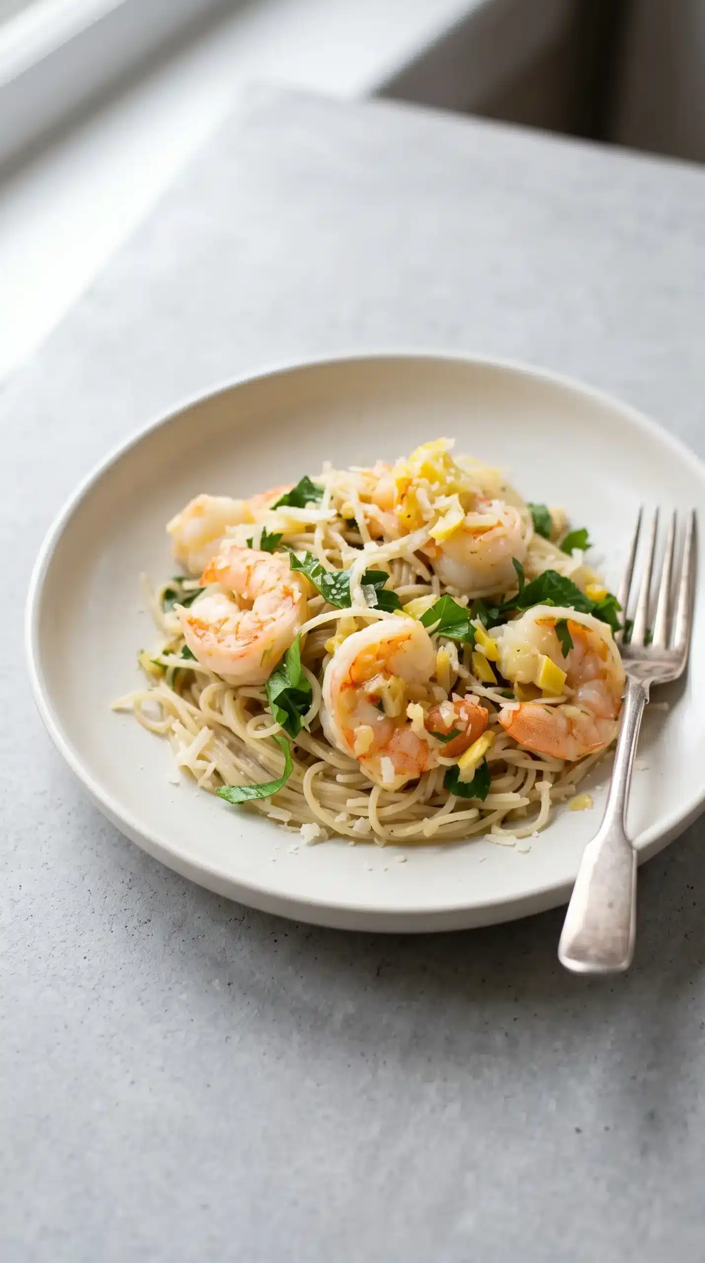 Finished shrimp scampi with lemon garlic pasta, shrimp, parsley, and Parmesan