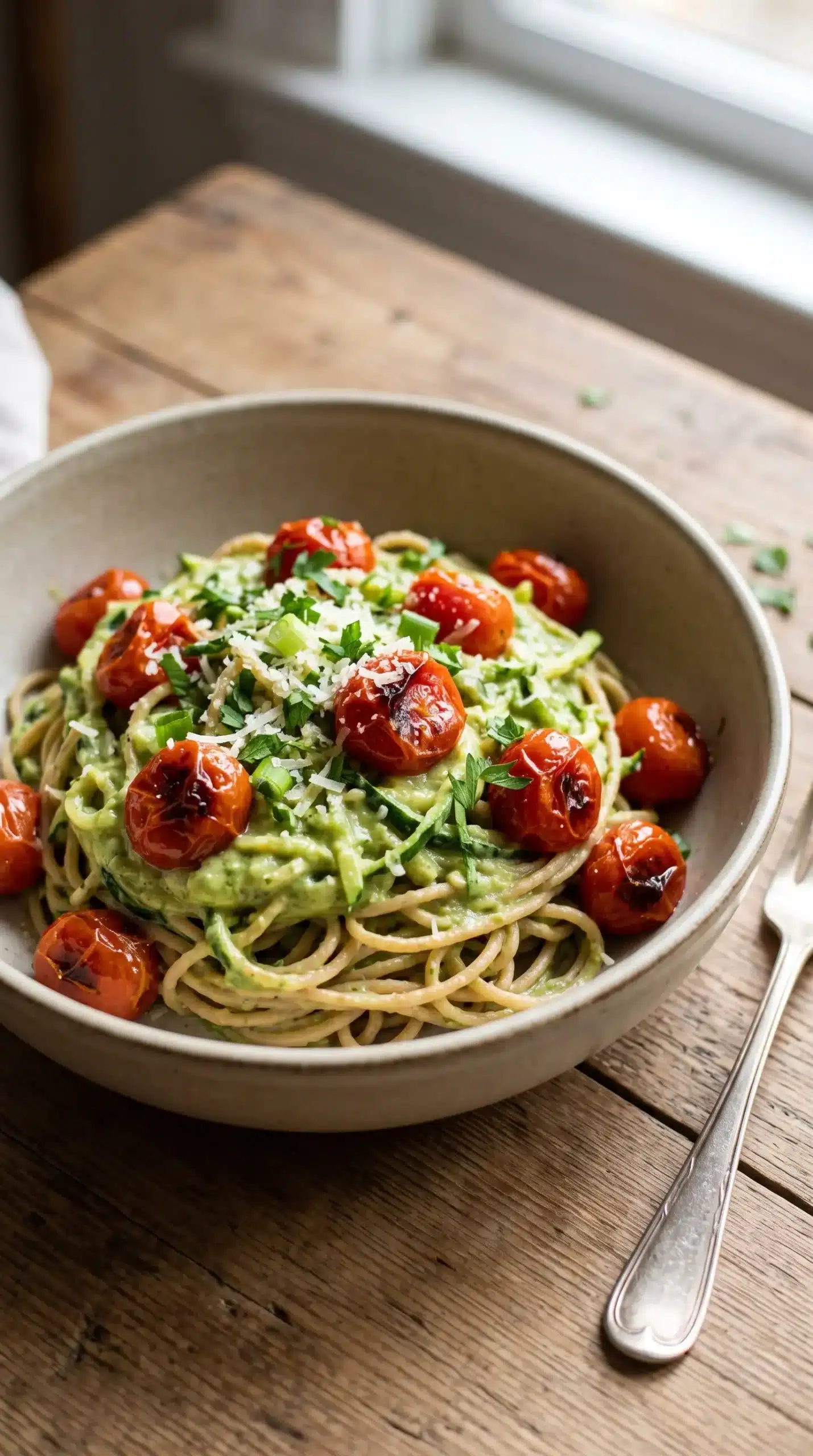 Finished tomato zucchini spaghetti with avocado sauce, cherry tomatoes, and fresh herbs