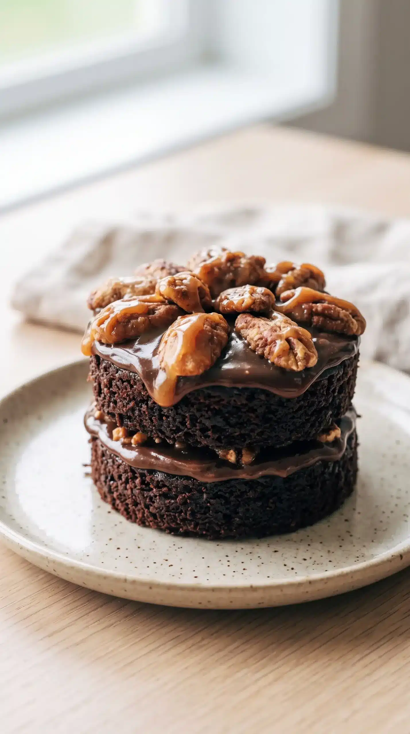 Finished small chocolate turtle cake with coffee frosting, caramel topping, and toasted pecans