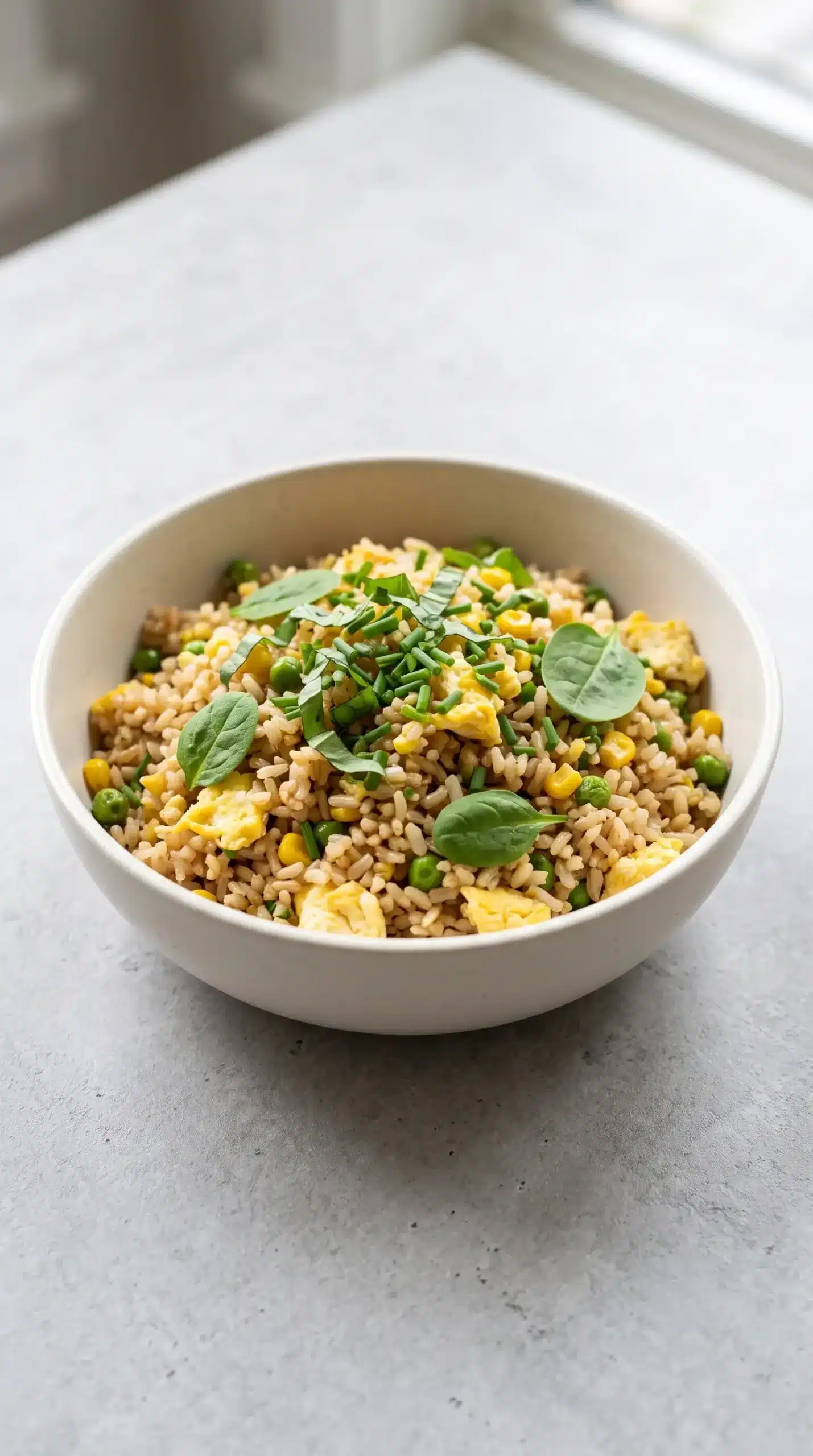 Finished veggie fried rice with brown rice, vegetables, egg, and fresh herbs