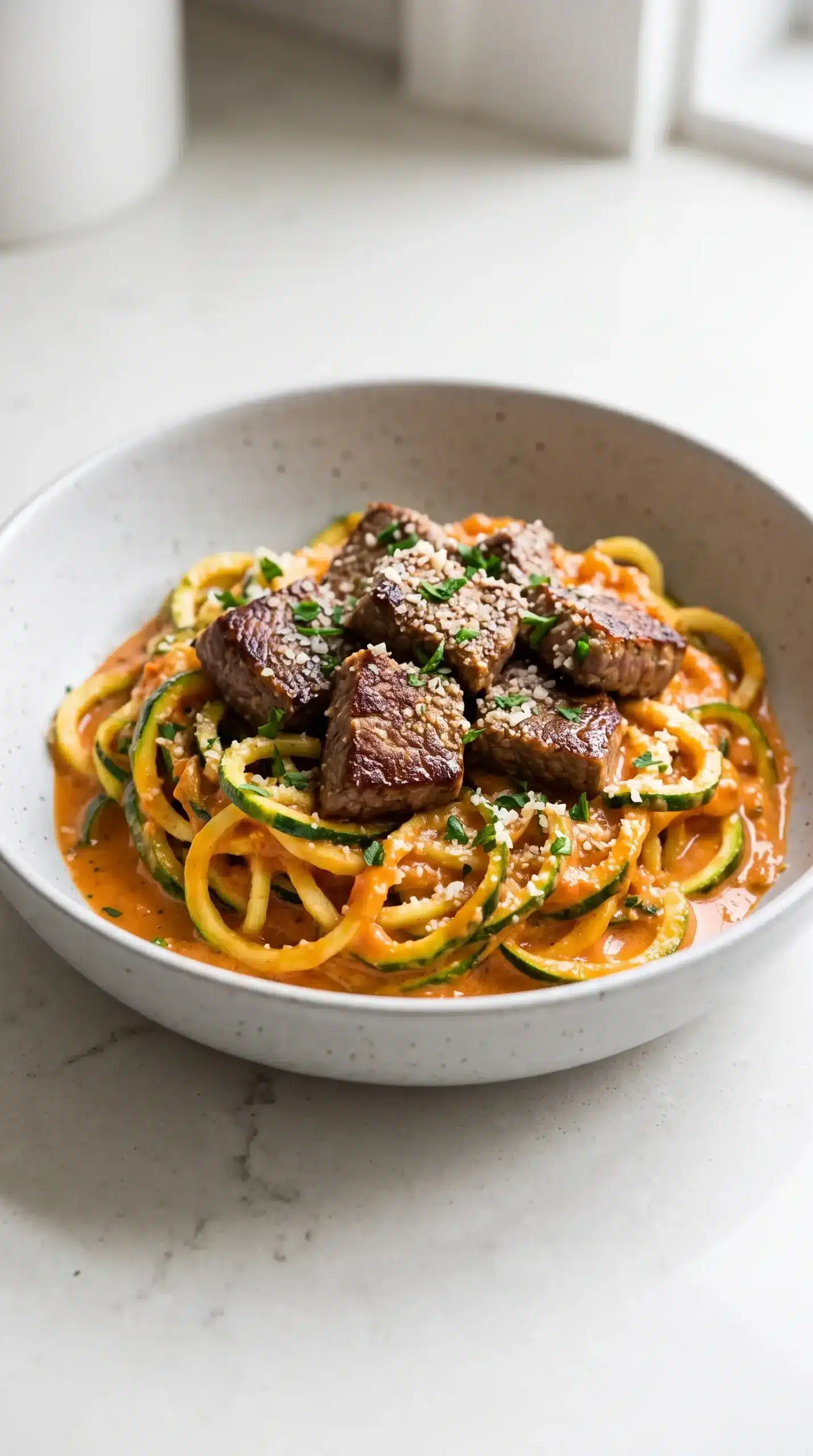 Finished vodka steak pasta with zucchini noodles, creamy sauce, Parmesan, and parsley