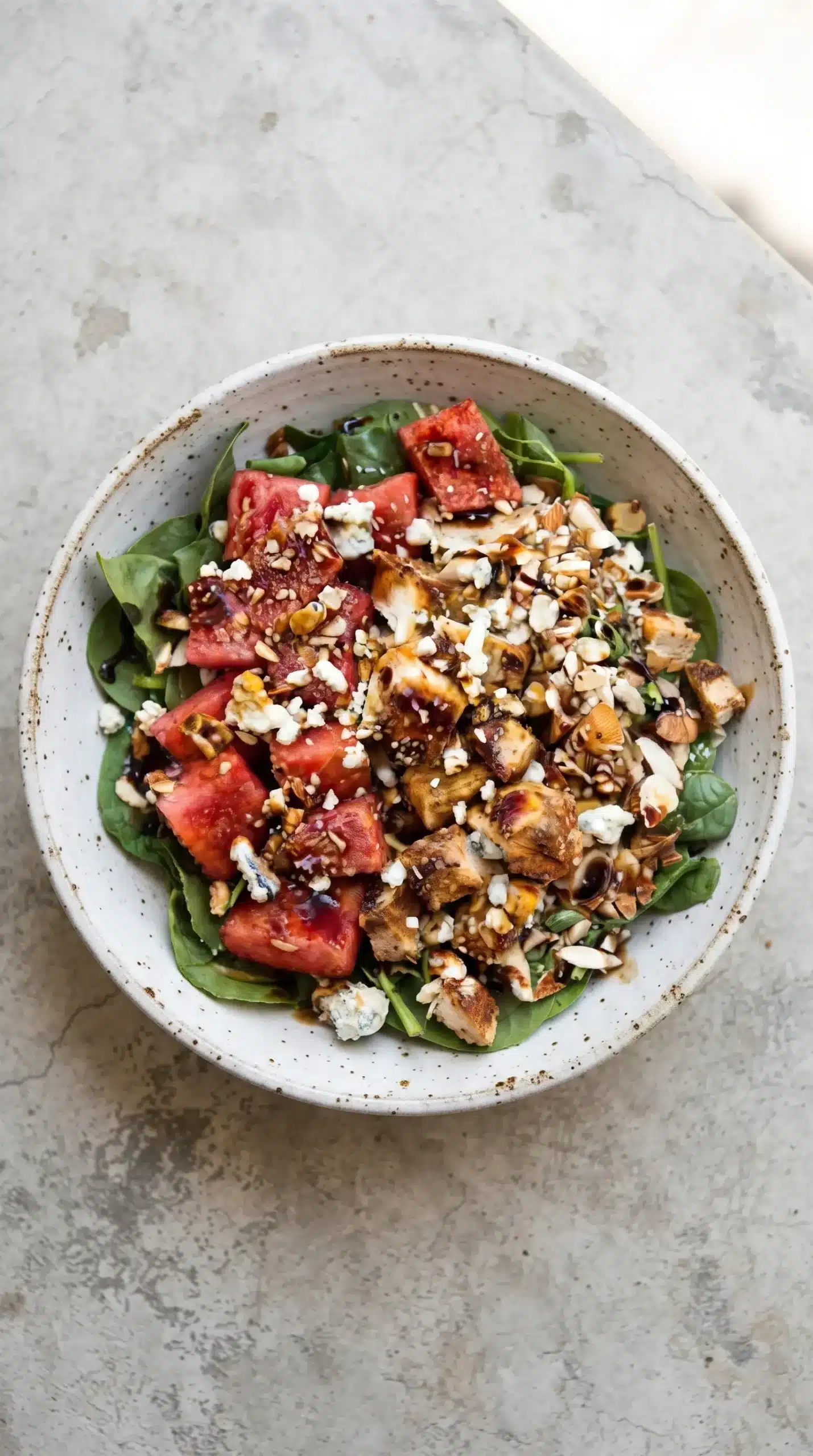 Finished watermelon chicken salad with spinach, chicken, watermelon, almonds, blue cheese, and balsamic drizzle
