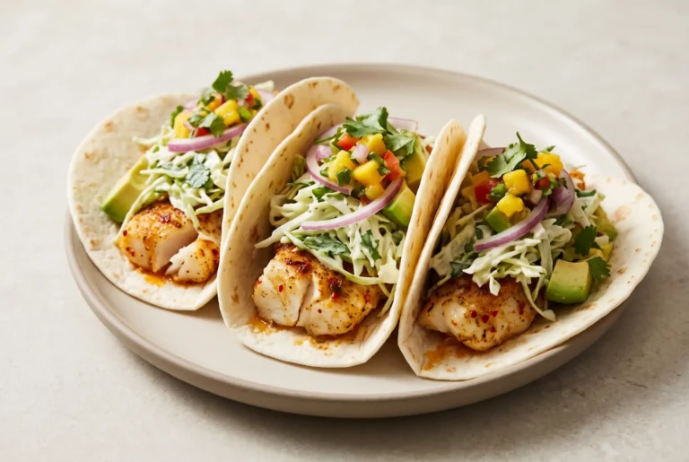 Fish tacos with baked cod, creamy lime cabbage topping, avocado, onion, and mango salsa
