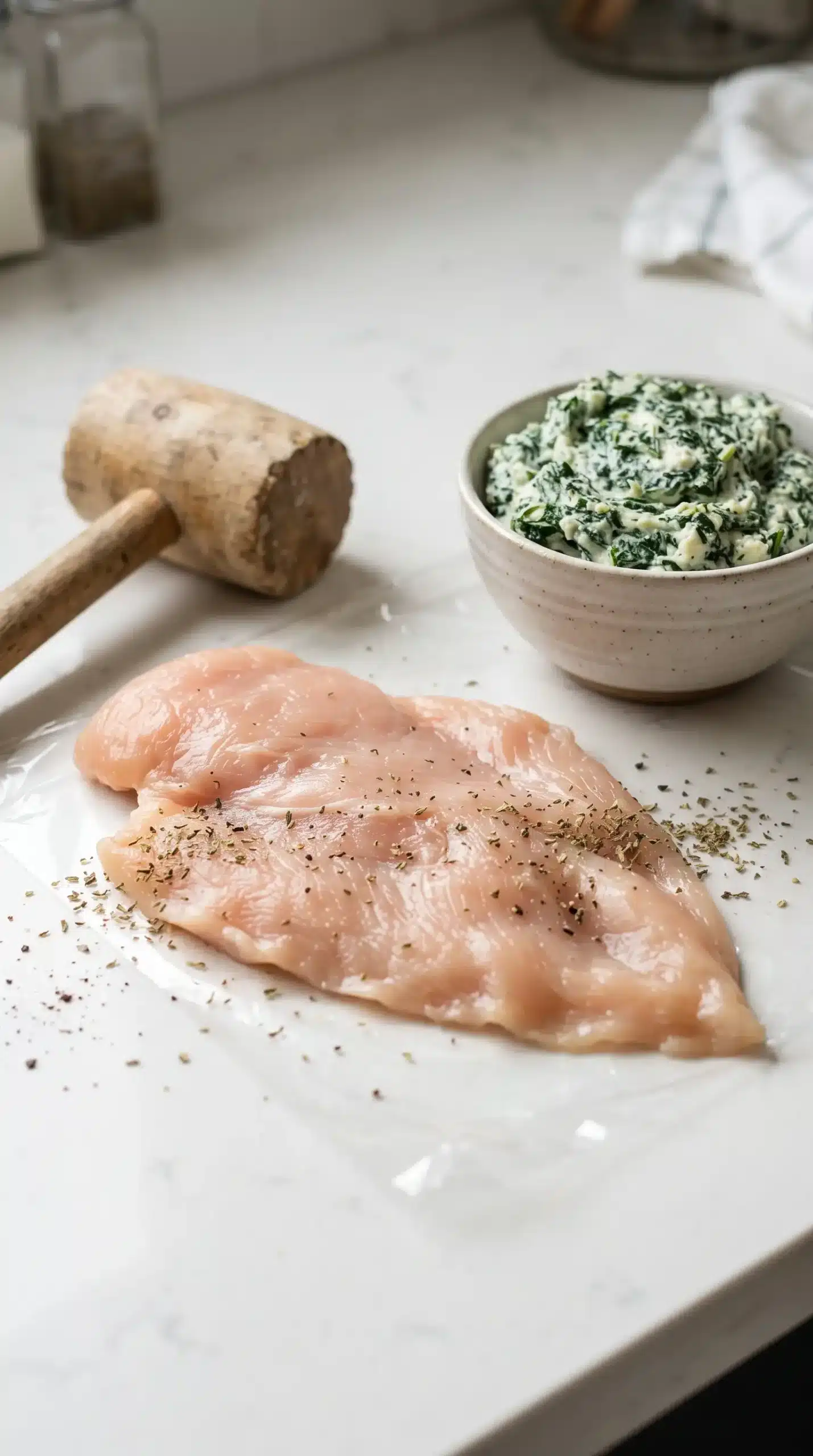 Flattened chicken breast prepared for wrapping around spinach ricotta filling
