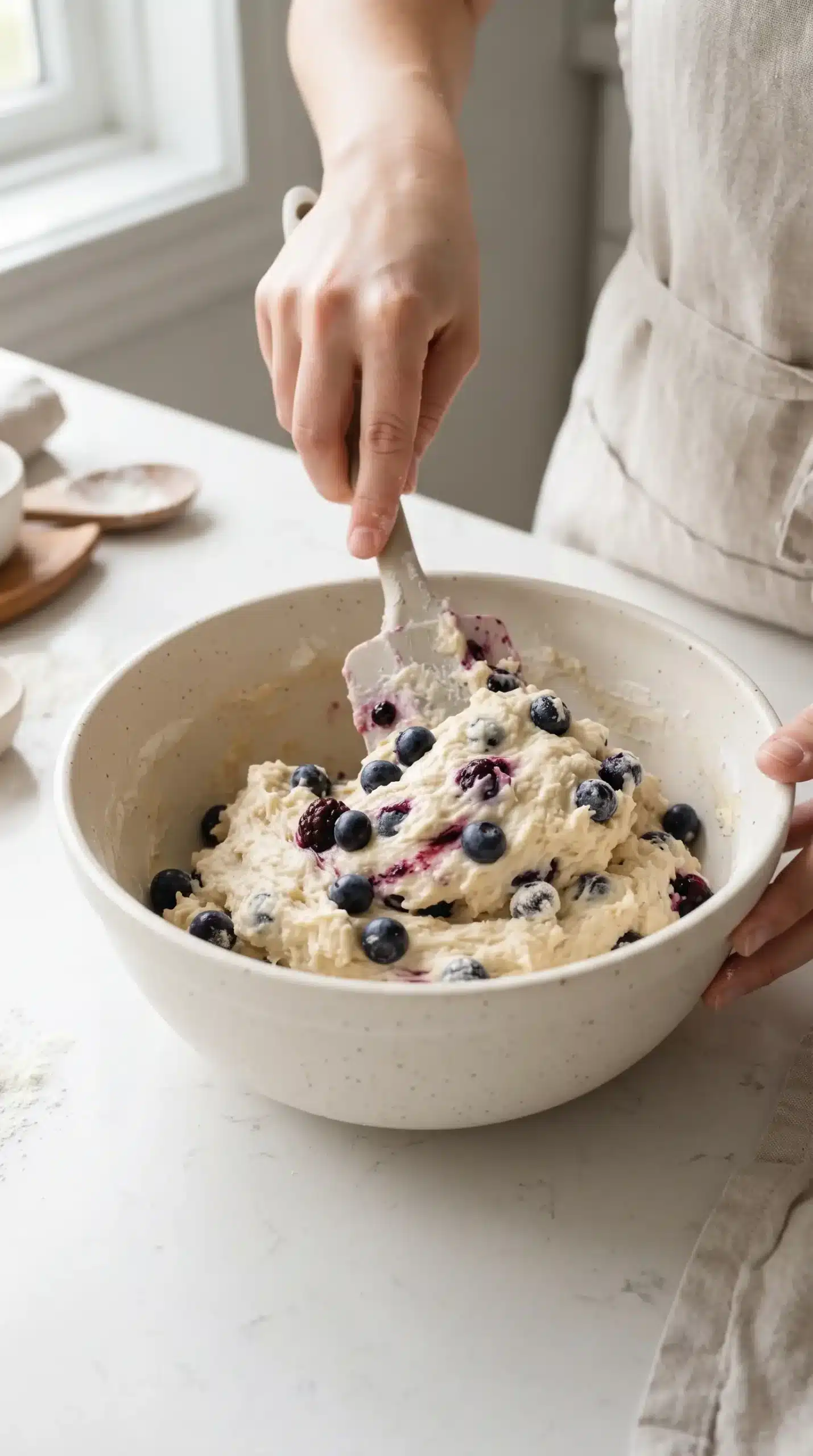 Fresh blueberries folded into thick scone dough during preparation