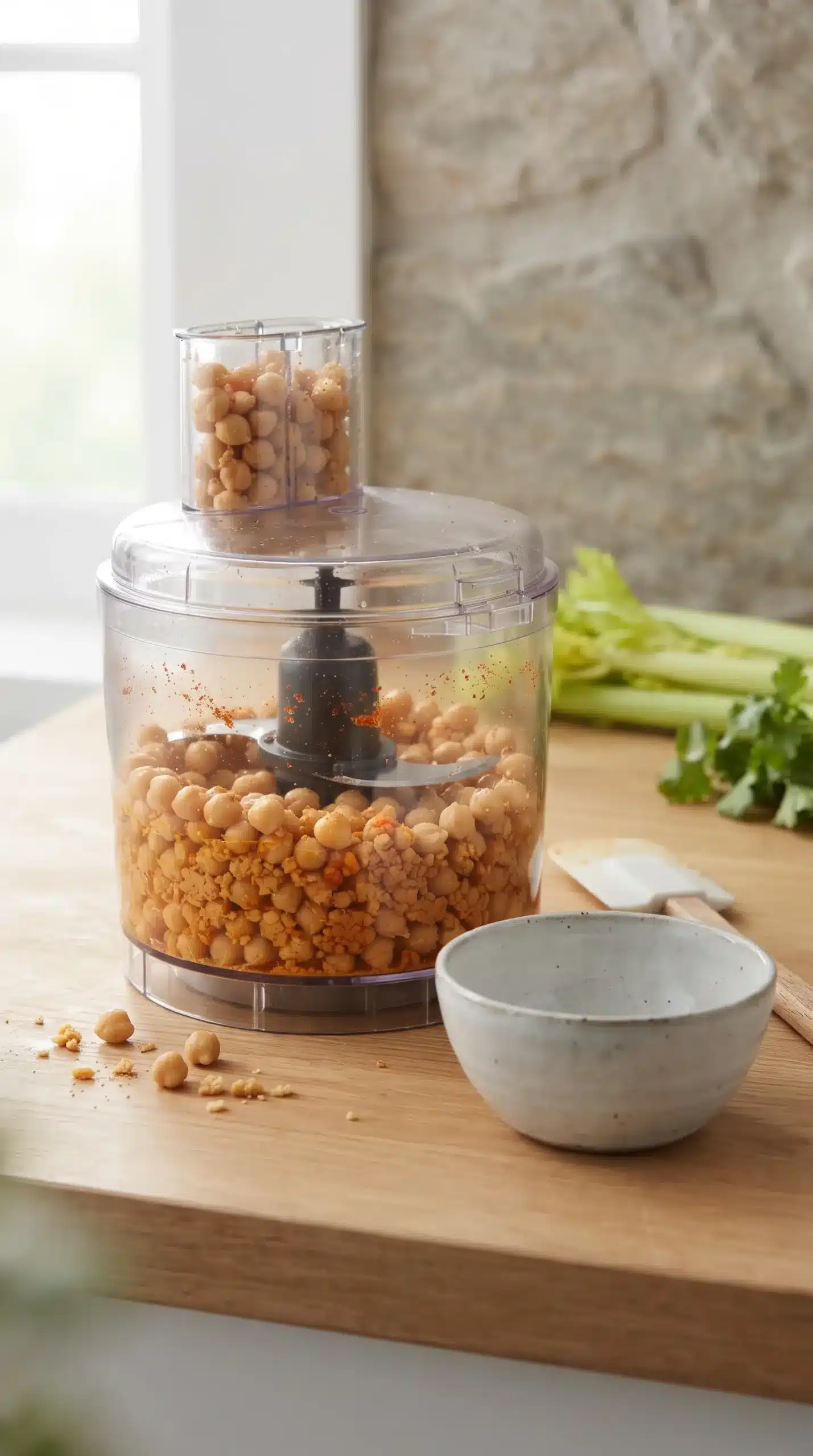 Food processor pulsing chickpeas into a chunky texture for chickpea salad