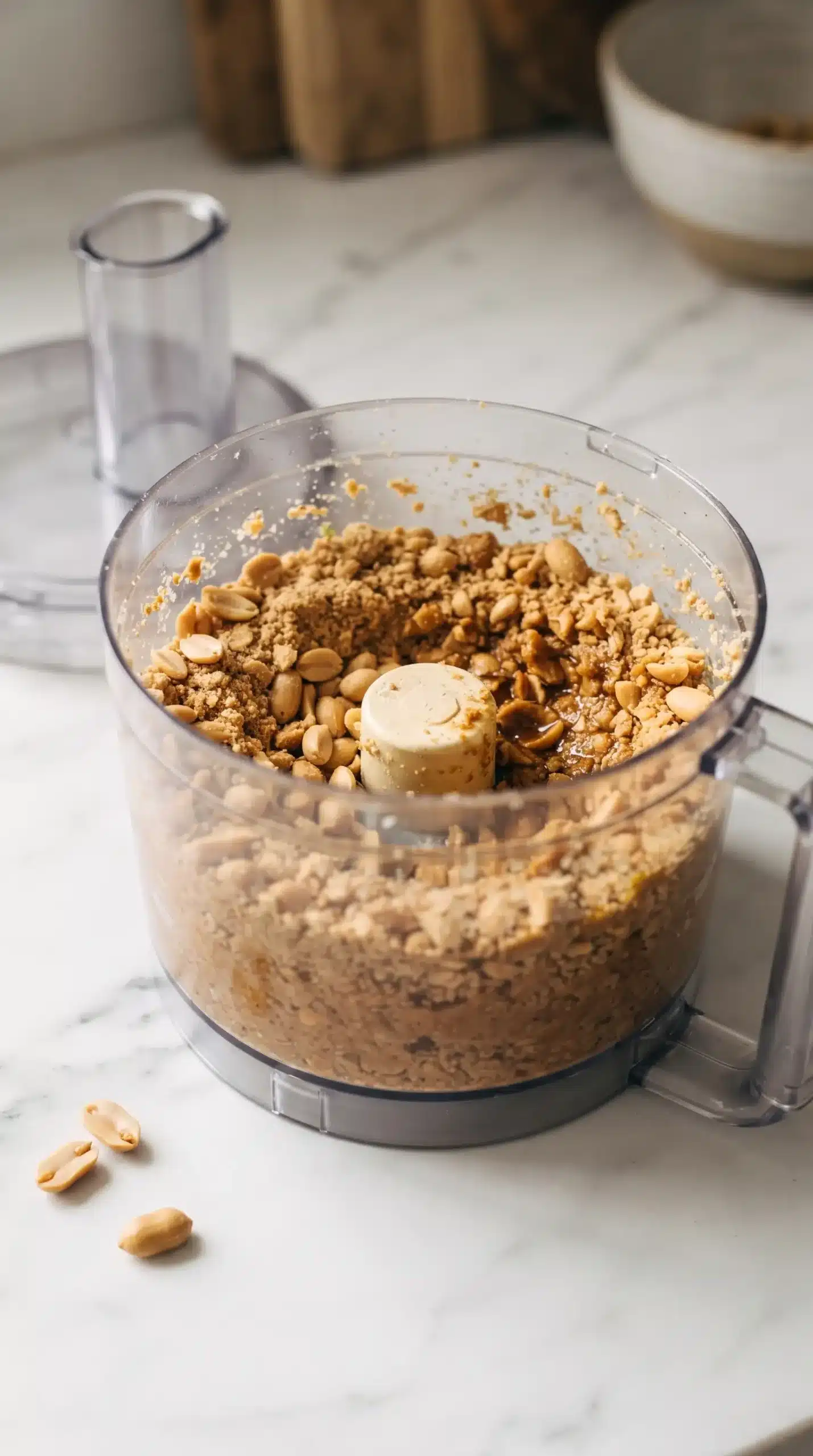 Food processor blending dry roasted peanuts into a coarse peanut butter mixture