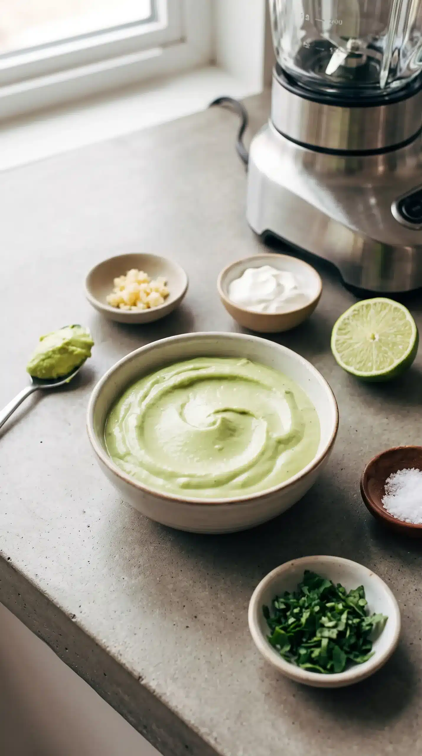 Bowl of avocado crema with avocado, lime, cilantro, and ingredients nearby