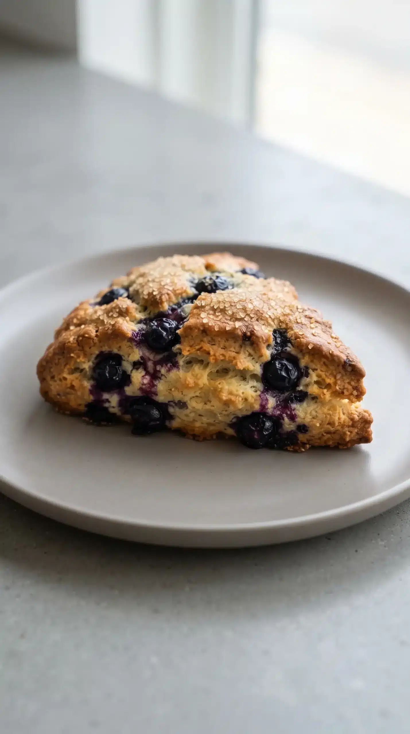 Freshly baked blueberry scone with crisp edges, tender crumb, and baked blueberries